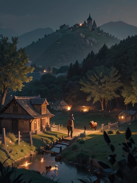 Cartoon style pictures ,(Europe),(Shoot from above),man,midnight,The overall color is black,farmer装束,rag,Brownish-gray, Ruined medieval village,farmland,river,torch,horse,farmer,Chicken and duck,sheep,ox,companion,Soldier,Laborde,agriculture,(hood,farmerhood,戴上hood,in the shadows,faceless,健壮的man, Strong, old),dynamic poses, ((Turn your back to the camera,look into the distance,not looking at camera)),