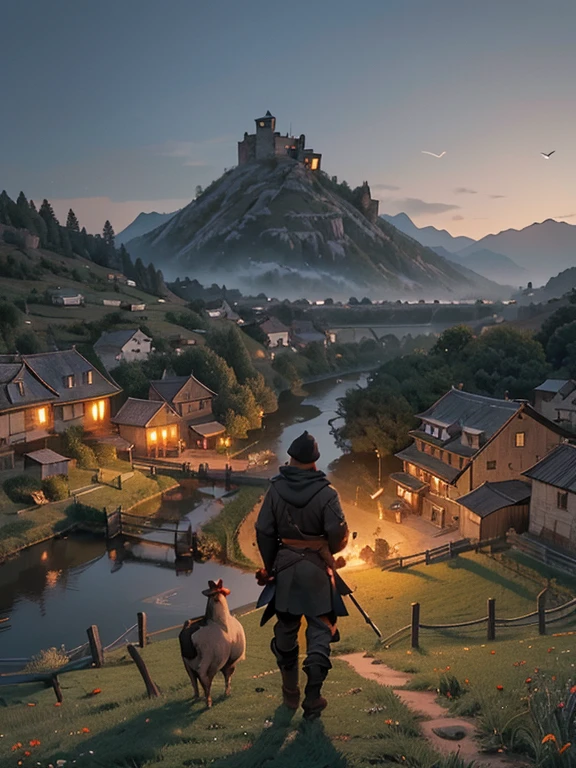 Cartoon style pictures ,(Europe),(Shoot from above),man,midnight,The overall color is black,farmer装束,rag,Brownish-gray, Ruined medieval village,farmland,river,torch,horse,farmer,Chicken and duck,sheep,ox,companion,Soldier,Laborde,agriculture,(hood,farmerhood,戴上hood,in the shadows,faceless,健壮的man, Strong, old),dynamic poses, ((Turn your back to the camera,look into the distance,not looking at camera)),