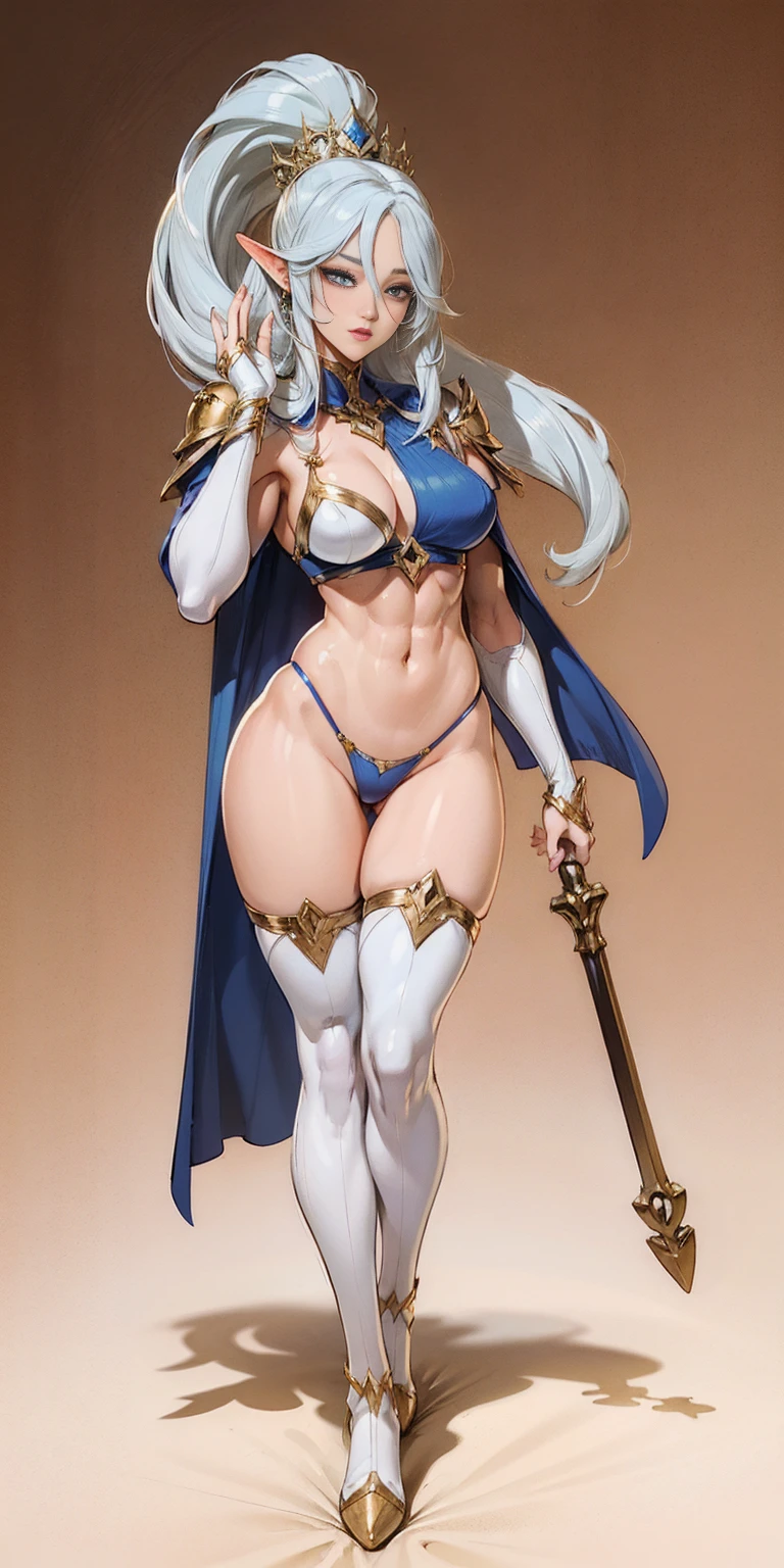 extremely long hair , ponytail, perfect anatomy 1 girl tall solo, slim thick, ((muscular)) high elf toned body, silver breast plate, blue cape, slendered abs, hourglass waist, detailed face, defined cheekbones, puffy lips, gauntlets, gold crown, shadow over eyes, looking at viewer, masterpiece, white thigh highs lingerie, high heels, clair pokemon