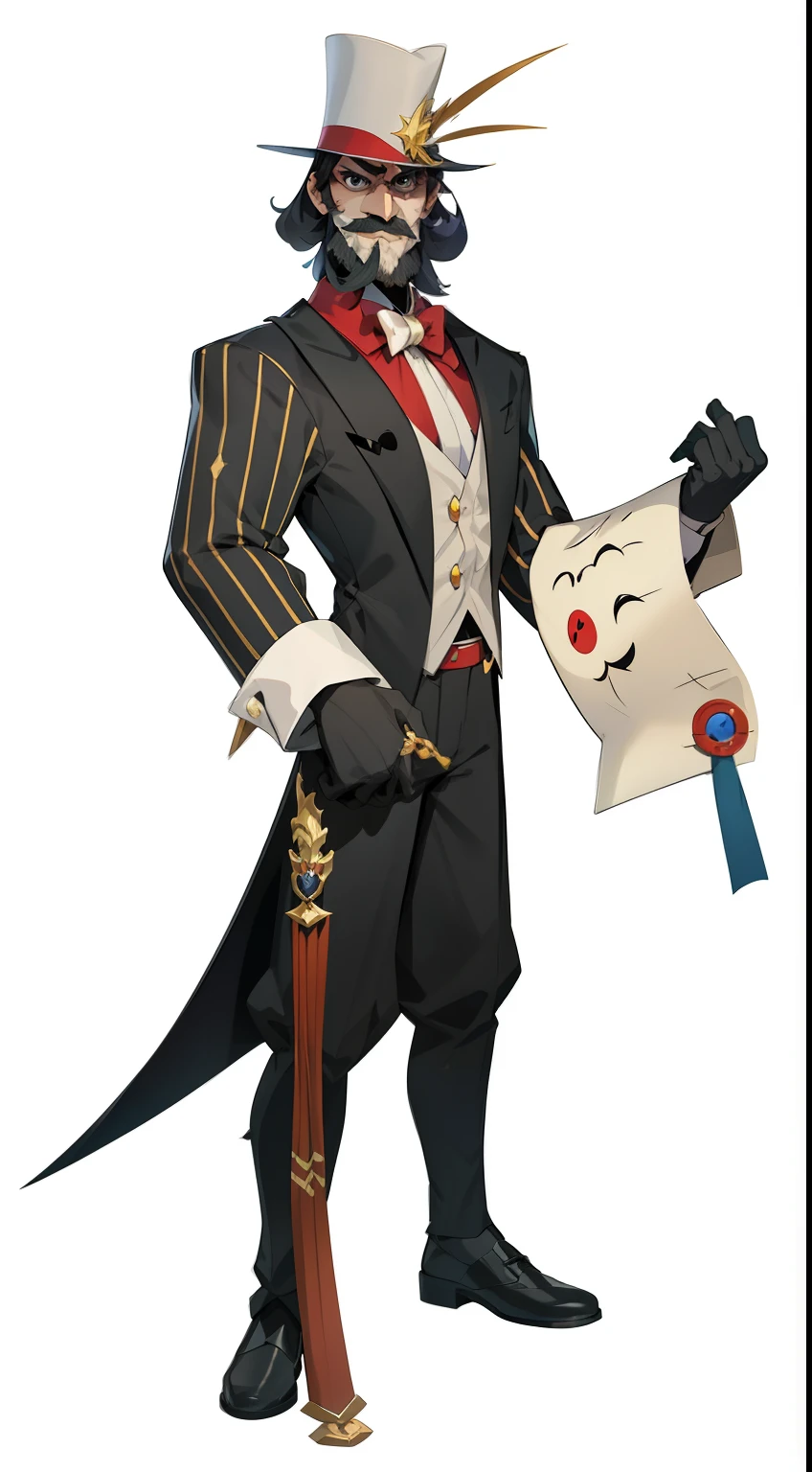 Cartoon characters，一个戴着高顶礼帽和Tuxedo的男人，Scroll in hand, official character art, well dressed, 3D rendering official art, Official character illustrations, main character, Maxwell rendering, Complete character, fantasy characters, character render, official concept art, Tuxedo, President Waluigi, anthropomorphic character, Machiavellian Puppet Master, character artwork