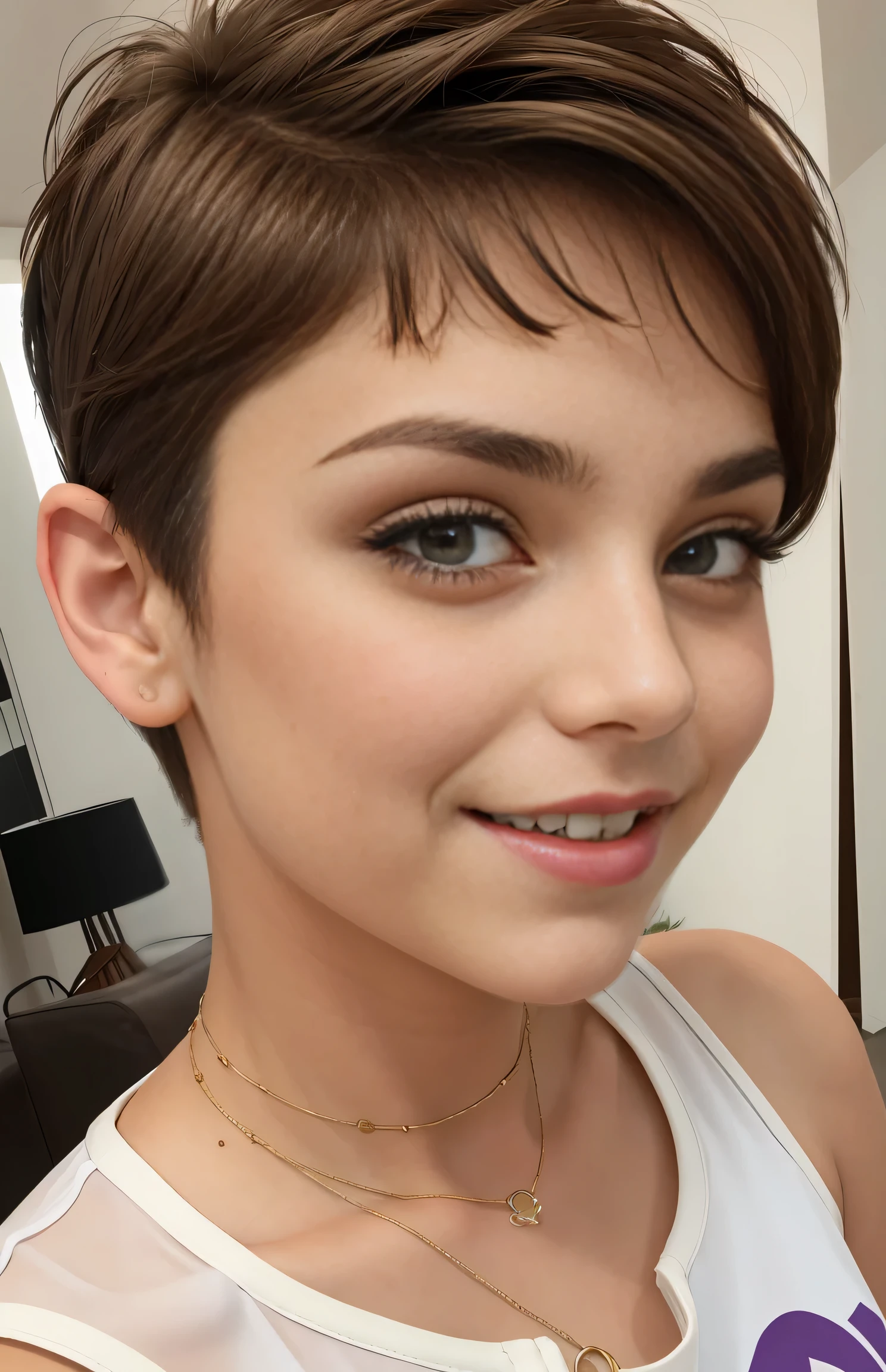 Photo of a -yeld Euean girl, .RAW, beautiful woman,pecas en mejillas y pecho ,hermosos  ojos azules(Light brown hair pixie haircut),corte de cabello pixie ((retrato)), ((Cara detallada:1.2)), ((Detailed facial features)), (Piel finamente detallada), Purple sleeveless t-shirt with skull image , Loose white belt , falda color lila con imagen de cuadros , falda color lila con patrones de cuadros , Long boots with heels ,lindo maquillaje, Purple eyeshadows on eyelids ,Un sexy(cool color), (Masutepiece) (proporciones perfectaotos realistas)(La mejor calidad), NffSW, (8k) (papel tapiz) (cinematic lighting) (Dramatic lighting) (sharp focus) (Enrevesado) , dentro de casa , tocando guitarra electrica morada , linda sonrisa, cuerpo completo, hermoso cuerpo de mujer , posando para foto , gargantilla negra , aretes de clip , sexy