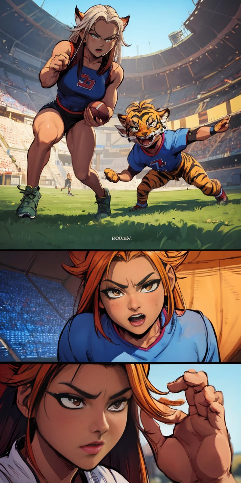 1 cute female tiger (big knockers) playing football，Figures，Digital painting，3D character design by Mark Clairen and Pixar and Hayao Miyazaki and Akira Toriyama，The illustration is a high-definition illustration in 4K resolution，With very detailed facial features and cartoon-style visuals