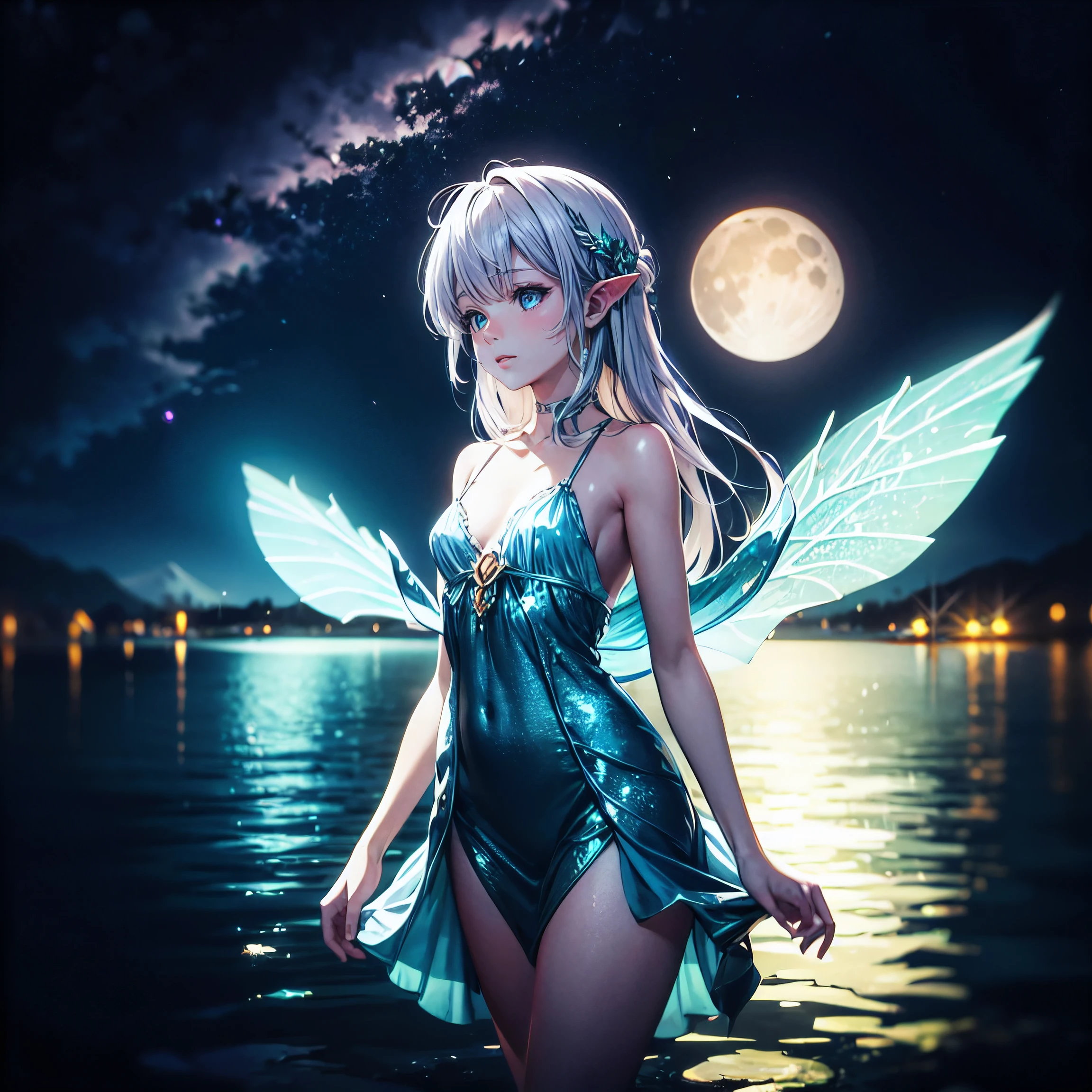 (masterpiece,best quality,ultra-detailed), CG, award winning, ccurate, UHD, textured skin, chromatic aberration, perfect anatomy, Fujicolor, fantasy, 1 young nymph standing in the center of the lake at night, fantastical starry sky, small breasts, short body, silver long hair, innocent blue eyes, wearing graceful azure dress, resting, light particles, moon light, illusory scene