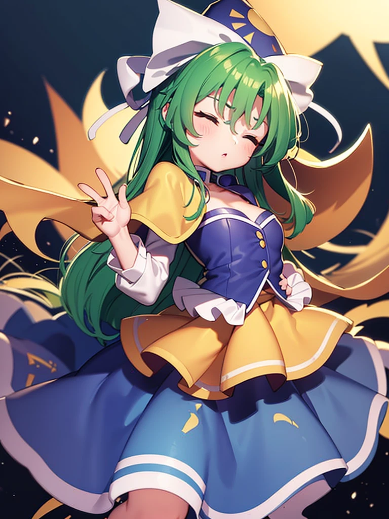 masterpiece, best quality, 1 girl, , , 10 years old, blue hat with a yellow sun pattern, long green hair, blue cape, blue cloak, blue clothes, white long sleeves, yellow ribbon, from behind, to lift up one’s skirt, cowboy shot, from front, standing , raise one leg, crossed arms, arms up behind, arms behind back, hand between legs, put hands hip, one hand on hip, forward hands, arms raised in the air, punch hands, peace_sign, waving, put up index finger, sit, lie down, closed eyes, lie face down, looking back, put one hand chest, leaning forward,cleavage,close up, horizontally outstretched arms, horizontally outstretched legs, front view, front face