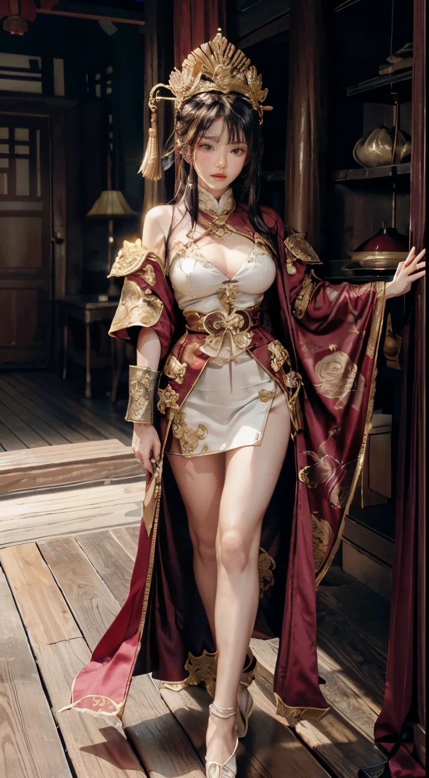 。Breasts larn torso。smooth and delicate woman。Sexy hot woman。hel。pauldron。headgear。Hairpin。Dao crown。Taoist robe。bellyband。Cover。Hairpin。Taoist robe。full-body shot，High heel。Cultivation clothing。Antique Chinese costumes。vintage sexy clothing。Fengguaapei。Bundled hair with a golden crown。camel toe。full-body shot