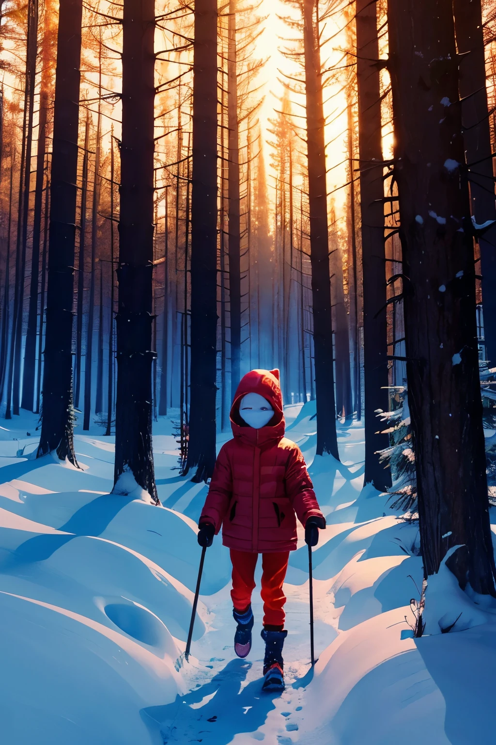 Create an animated image inspired by a small group of 5 incenrraat children in an wintery forrest, the is wearing a white creapy mask and is holding a stick