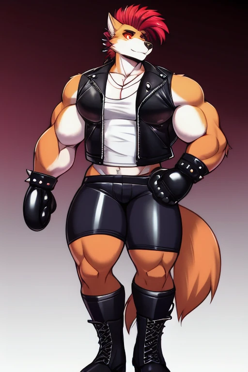 Furry, anthropomorphic wolf, Orange fur, red hair, mohawk hairstyle, red eyes, 6'7 and 233, 50" Chest, 21" Shoulders, 17" Biceps, 36" Waist, 25" thighs, 17" calves, 20" back, wearing black leather sleeveless biker vest, wearing white V-neck t-shirt with sleeves ripped off, black leather pants, wearing black leather boots, wearing red boxing gloves, punk aesthetic, biker, soft shading 