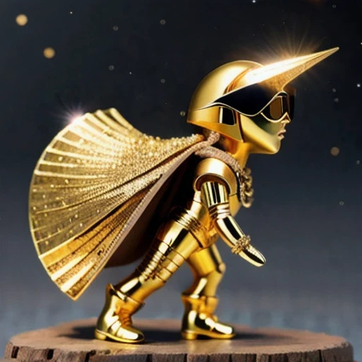 Brilliant Gold Diamond Maya Star, Burlap Cloak Mummy Hood Platinum Silk Cyberpunk Light Crossbow Space Station 1:500 miniature models, illustration, Side view, (Side view), Wear gold-rimmed reflective sunglasses, Carrying future weapons, very happy, Side view, whole body, 3d, (nautilus) octane rendering, perfect appearance, Collagen protein