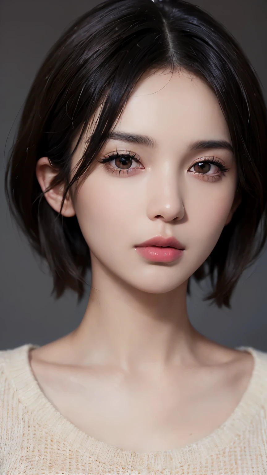 (masterpiece:1.3), (8K, realistic, Raw photo, highest quality: 1.4), (1 girl), beautiful face, (realistic face), (black hair, short hair:1.3), beautiful hairstyle, realistic eyes, detailed and beautiful eyes, (realistic skin), beautiful skin, (sweater), disorganized, Charm, ultra high resolution, surreal, very detailed, golden ratio