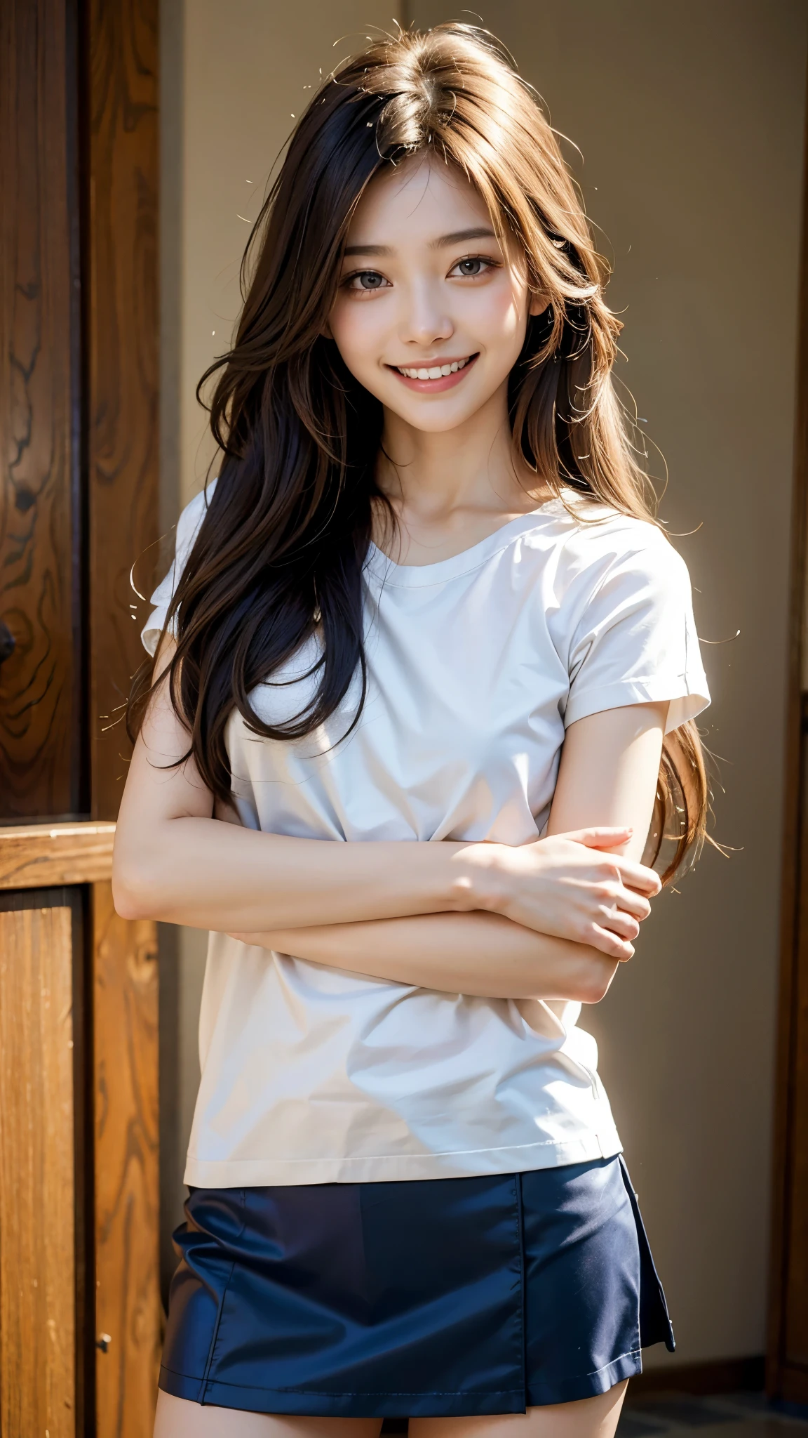高いest quality, masterpiece, ultra 高い resolution, (realistic:1.4), 20-year-old,1 girl,super 高い quality,8K,thinウエスト,thin脚,thin and beautiful arms,beautiful fingers,sale eye makeup,thin,Medium chest,soft chest,mini skirt,long hair,thinジャケット,realistic,picture media chest)),((toothy smile)),((big smile))