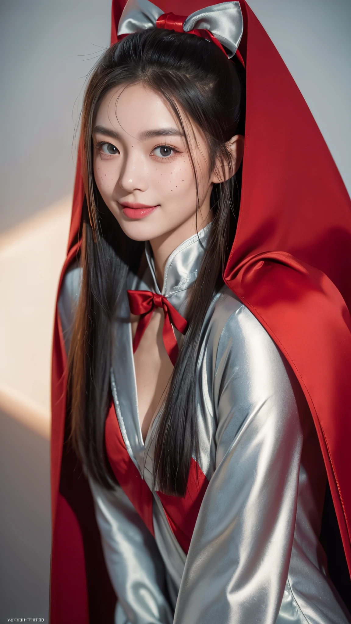 (Raw photo) , Detailed features , perfect face , perfect eyes , detailed eyes , (beautiful:1.50) , beautiful chinese girl in her 20s with long hair in a ponytail , smiling , (((long voluminous high collar silver satin and red lined cape tied at the neck with a ribbon:1.10))) , minidress , full body, slight skin blemishes, sly smile, high-quality ultra realistic style, warm tones, soft lighting, detailed eyes, subtle freckles, professional, expressive , 8K , highly detailed