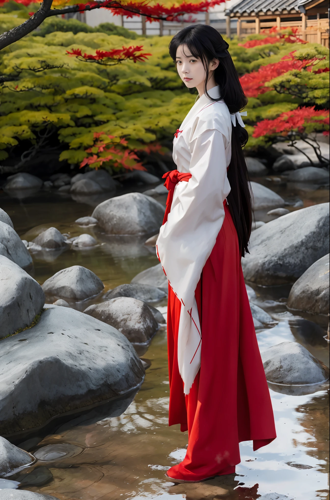 1girl, Kikyo, skinny, sidelocks, blunt_tresses, red_hakama, miko dress,  elegant,traditional japanese clothes, , looking_at_viewer, expressionless, all_body, 