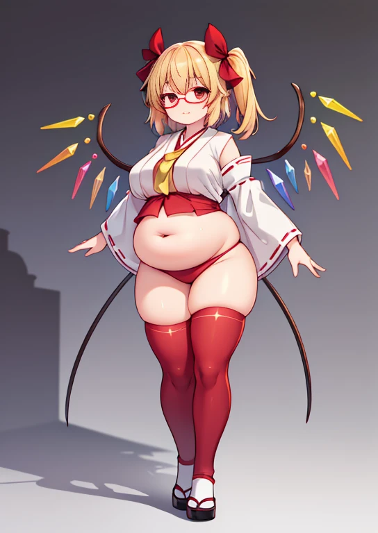 (masterpiece, best quality, highly detailed), 1girls, big belly, blurry background, huge belly, art by kipteitei, round belly, chubby, curvy, simple_background, gradient_background, belly grab, enormous belly, fat belly, thicc, bigger belly, really big belly, jiggly belly, shirt covering belly, belly cover by shirt, glasses, (shrine maiden clothes), (sweating), (exhausted), ((full body)), long hair, Flandre scarlet
