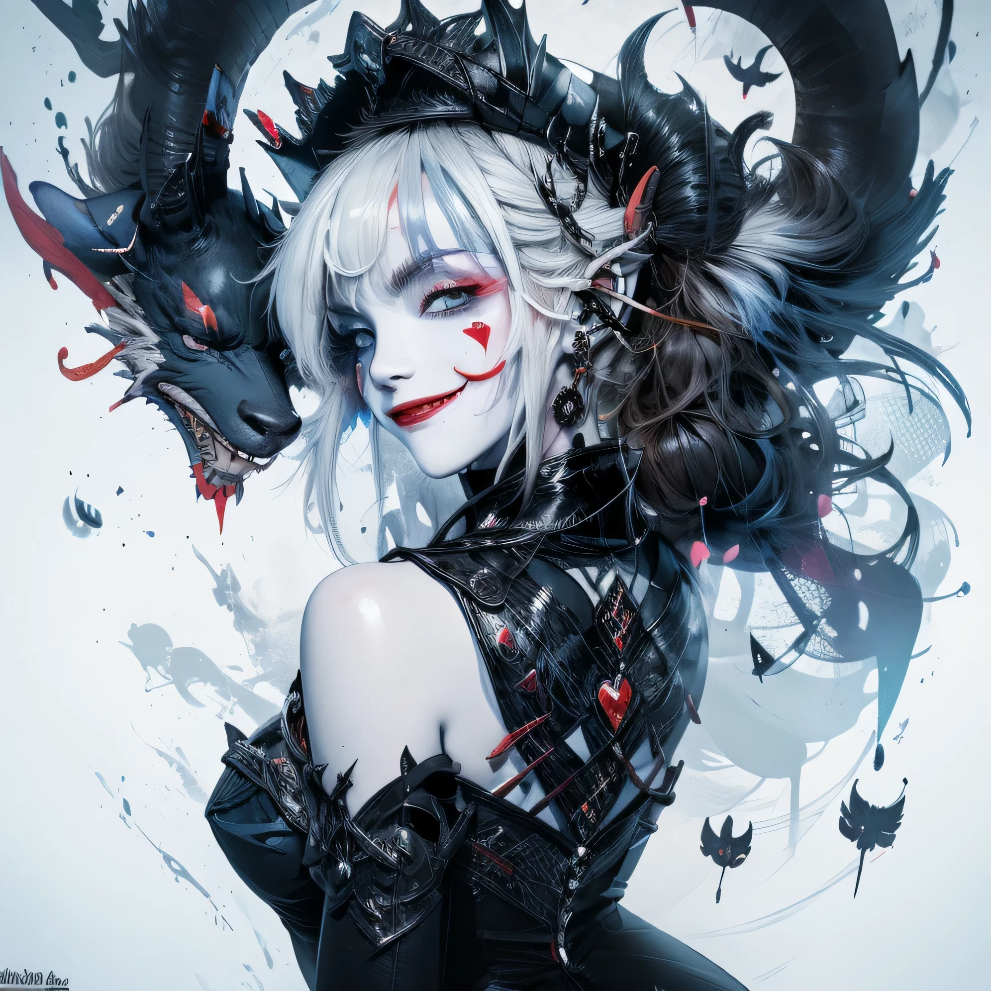 Monster with white skin, and a sexy and feminine appearance, with large thighs and medium-sized breasts. with a jester suit, trick-or-treat jester hat, black leotard and symbols of white hearts and white arrows, a Fool's Cap, black slippers and a white line in the center and a red cotton ball, white and almost transparent pantyhose . the jester's costume must be black and white; including the two-tailed jester hat. The skin must be white and the eyes must be one black and one white. He has no hair, only his face and sheep ears are shown. and a white eye with a light blue glow; and red diamond symbols on the cheeks. with a medium sized butt and a slim waist. He carries a staff with a sheep and a jester's hat. Expression: exaggeratedly smiling smile and throwing a kiss to the speaker. atmosphere: circus with lots of lights and fireworks