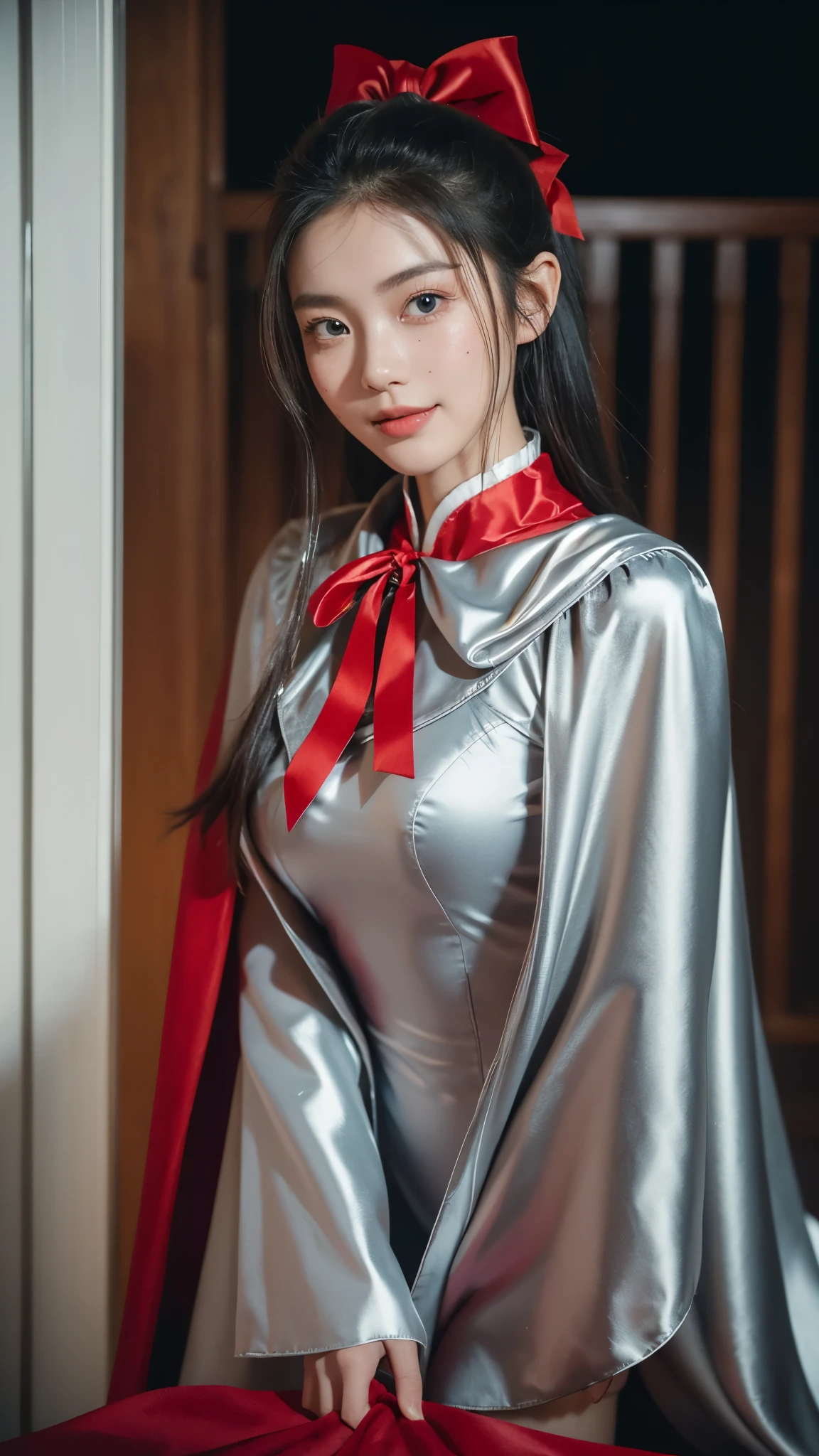 (Raw photo) , Detailed features , perfect face , perfect eyes , detailed eyes , (beautiful:1.50) , beautiful chinese girl in her 20s with long hair in a ponytail , smiling , (((long voluminous high collar silver satin and red lined cape tied at the neck with a ribbon:1.10))) , minidress , full body, slight skin blemishes, sly smile, high-quality ultra realistic style, warm tones, soft lighting, detailed eyes, subtle freckles, professional, expressive , 8K , highly detailed