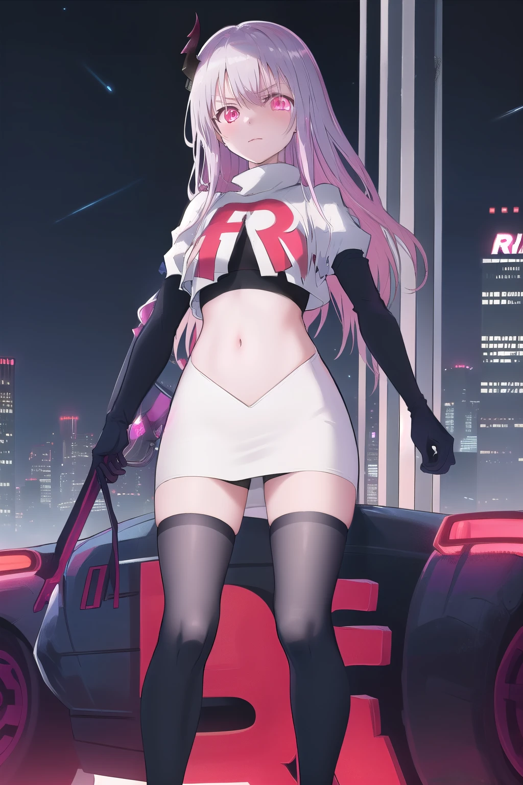 masterpiece, best quality, demon_kisara, glowing eyes, cyberpunk, city, skyscraper, skyline, night sky, neon lights, team rocket,team rocket uniform,white skirt,red letter R,crop top,black thigh-highs,black elbow gloves