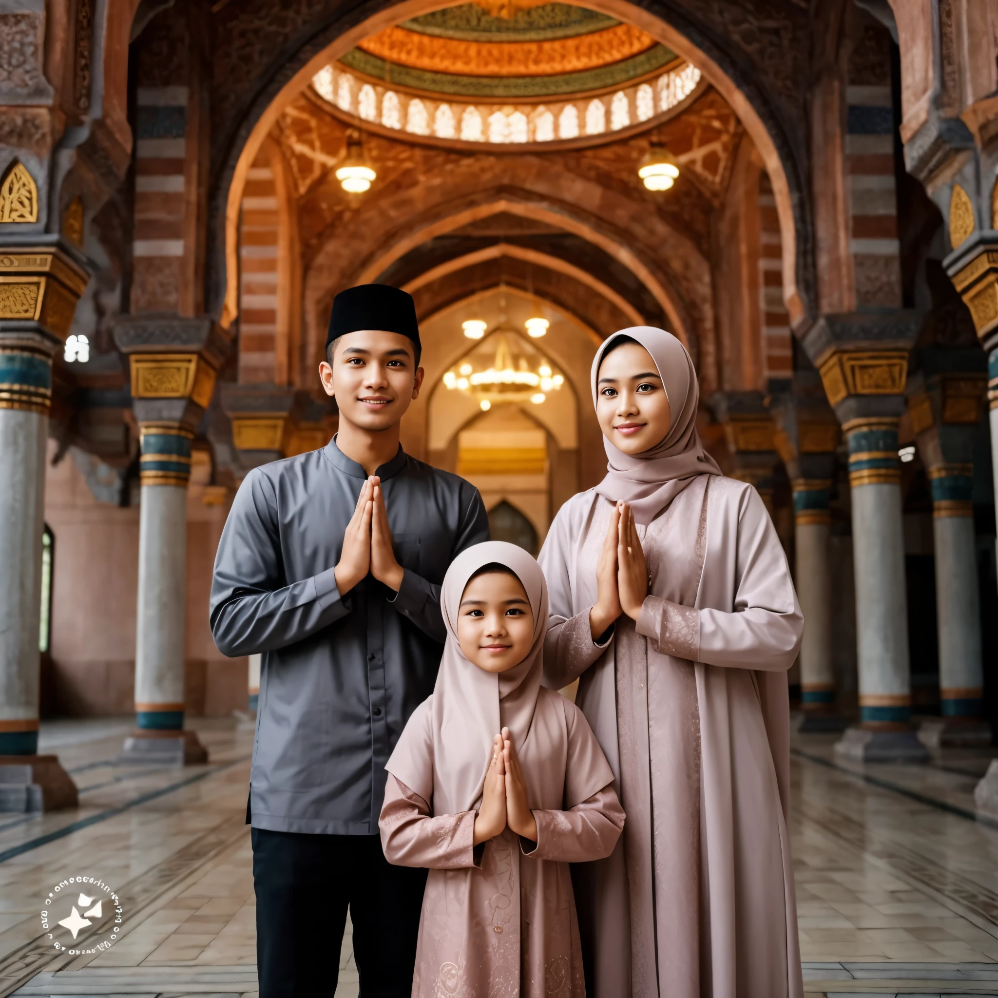 a young Indonesian man, handsome face, short hair wearing Muslim clothes, complicated motifs, with a black cap on his head, lips pressed together in a smile, standing with his wife and 7 year old daughter wearing a hijab, in front of a magnificent mosque, their hands are in a namaste position, with a beautiful natural view. very beautiful, faces look clear and real, facing the camera, sunset