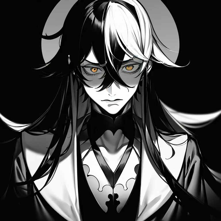 masterpiece, Best quality, high quality, ultra detailed, (1 guy:1.3) (depressed+fear of society+schizophrenia:1.1), (One color:1.2), Shadows Everywhere, portrait, long hair, (Haughty:1.4), Blurred Vision, Black Background Color, T-shirt,
