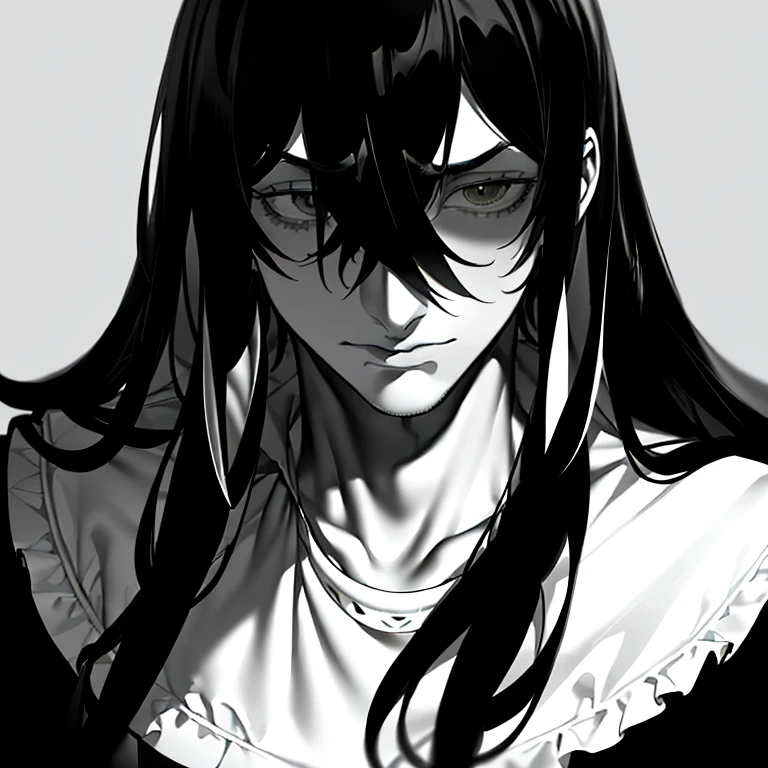 masterpiece, Best quality, high quality, ultra detailed, (1 guy:1.3) (depressed+fear of society+schizophrenia:1.1), (One color:1.2), Shadows Everywhere, portrait, long hair, (Haughty:1.4), Blurred Vision, Black Background Color, T-shirt,