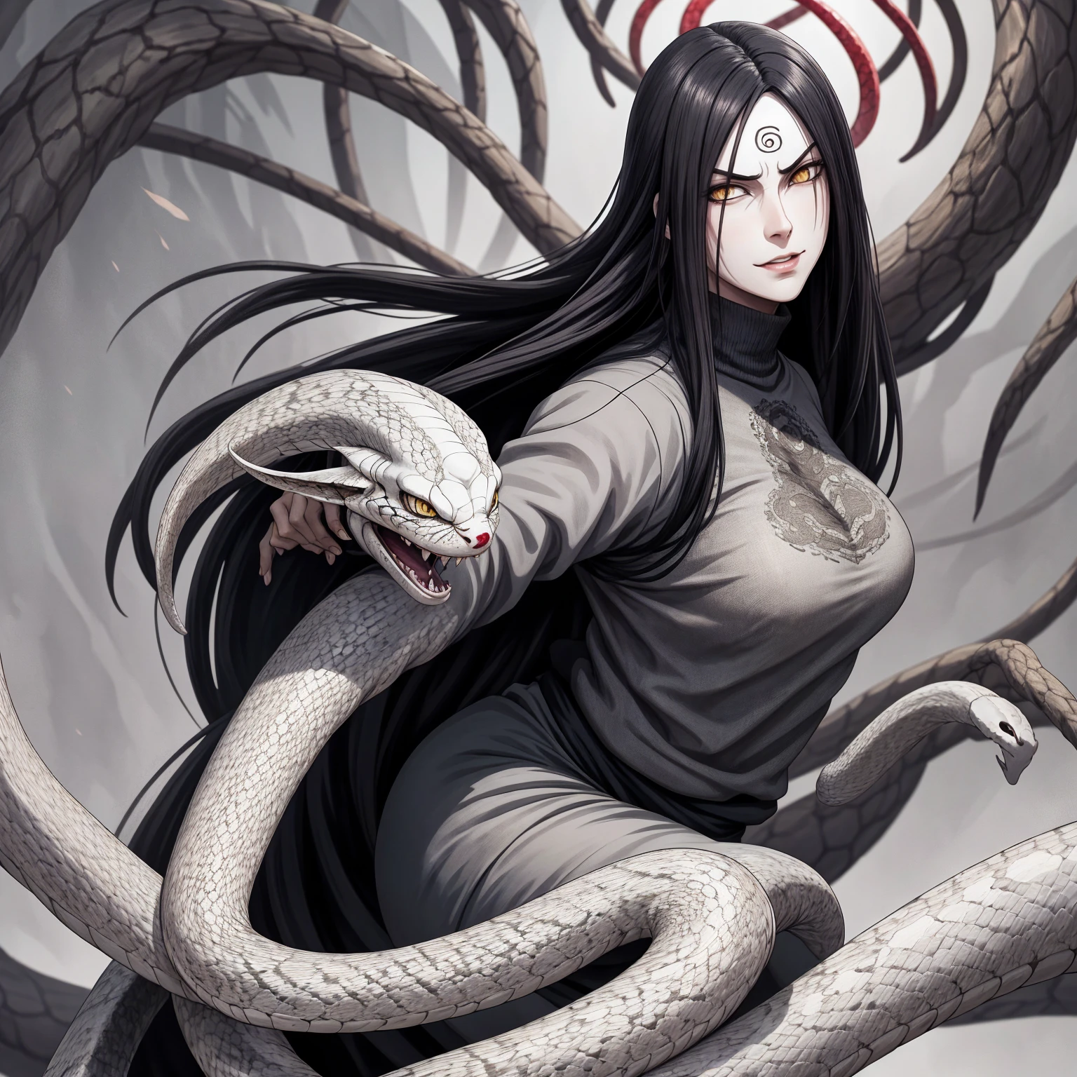 {-erro_de_anatomia:1.0} estilo anime, Masterpiece, absurdities, Orochimaru\(Naruto\), 1girl Solo, Mature woman, Oversized shirt with broad shoulders, Perfect composition, Detailed lips, large breasts, Beautiful face, body proportion, Blush, Long black hair, ( black hair), yellow eyes, Soft gauze, Super realistic, Detailed, photo shoot, Realistic faces and bodies, masterpiece, best quality, best ( white snake) illustration, hyper detailed, 1 girl, solo, glamorous, blushing, whole body,