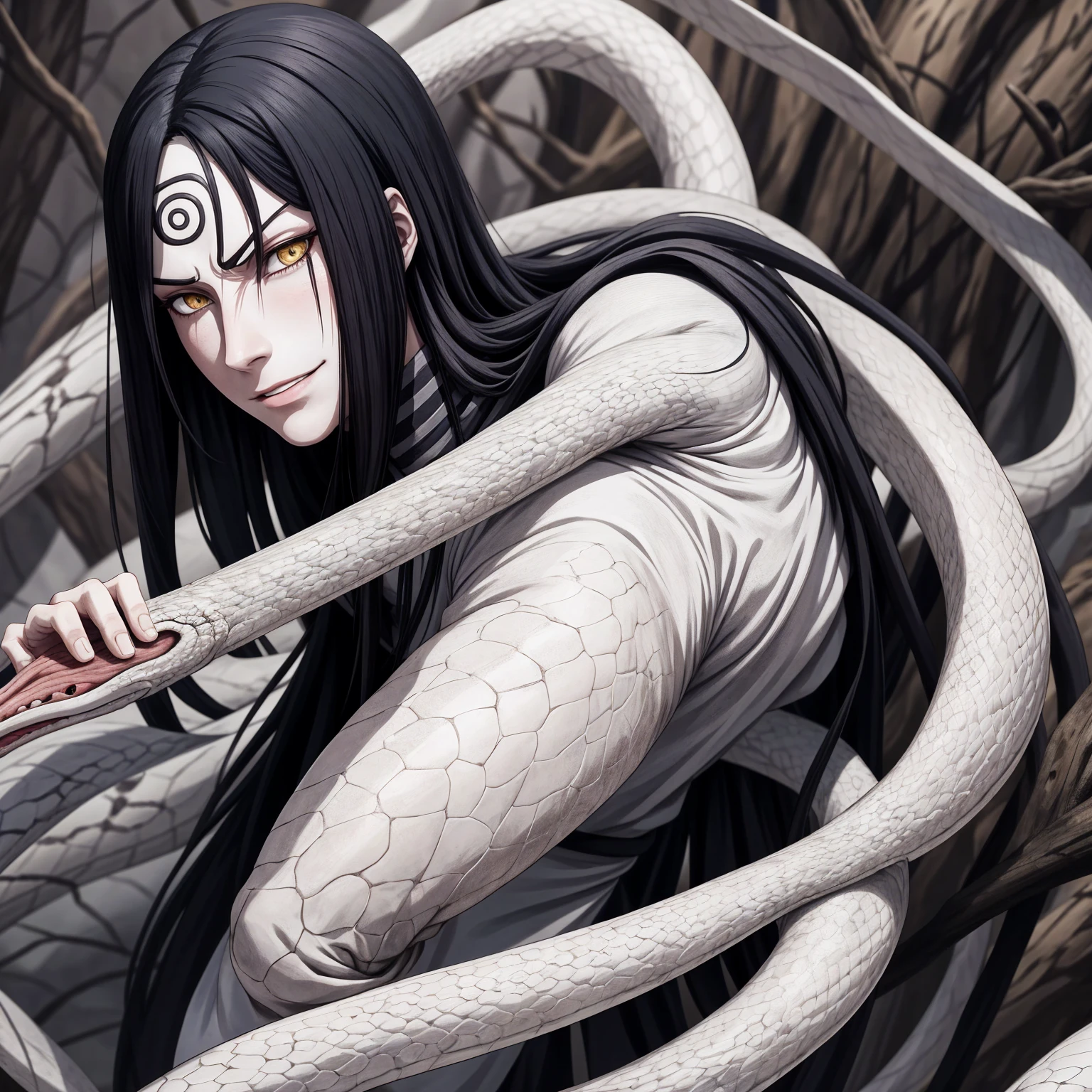 {-erro_de_anatomia:1.0} estilo anime, Masterpiece, absurdities, Orochimaru\(Naruto\), 1girl Solo, Mature woman, Oversized shirt with broad shoulders, Perfect composition, Detailed lips, large breasts, Beautiful face, body proportion, Blush, Long black hair, ( black hair), yellow eyes, Soft gauze, Super realistic, Detailed, photo shoot, Realistic faces and bodies, masterpiece, best quality, best ( white snake) illustration, hyper detailed, 1 girl, solo, glamorous, blushing, whole body,