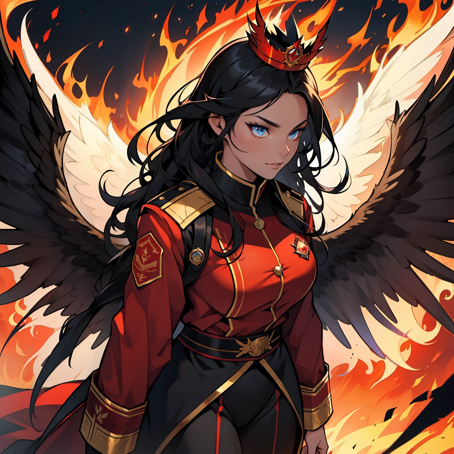 Black Phoenix , beautiful female, chubby, flames on body, huge wings, blue eyes, wavy black hair, flames, fire, red royal guard uniform, massive wings, black wings, crown