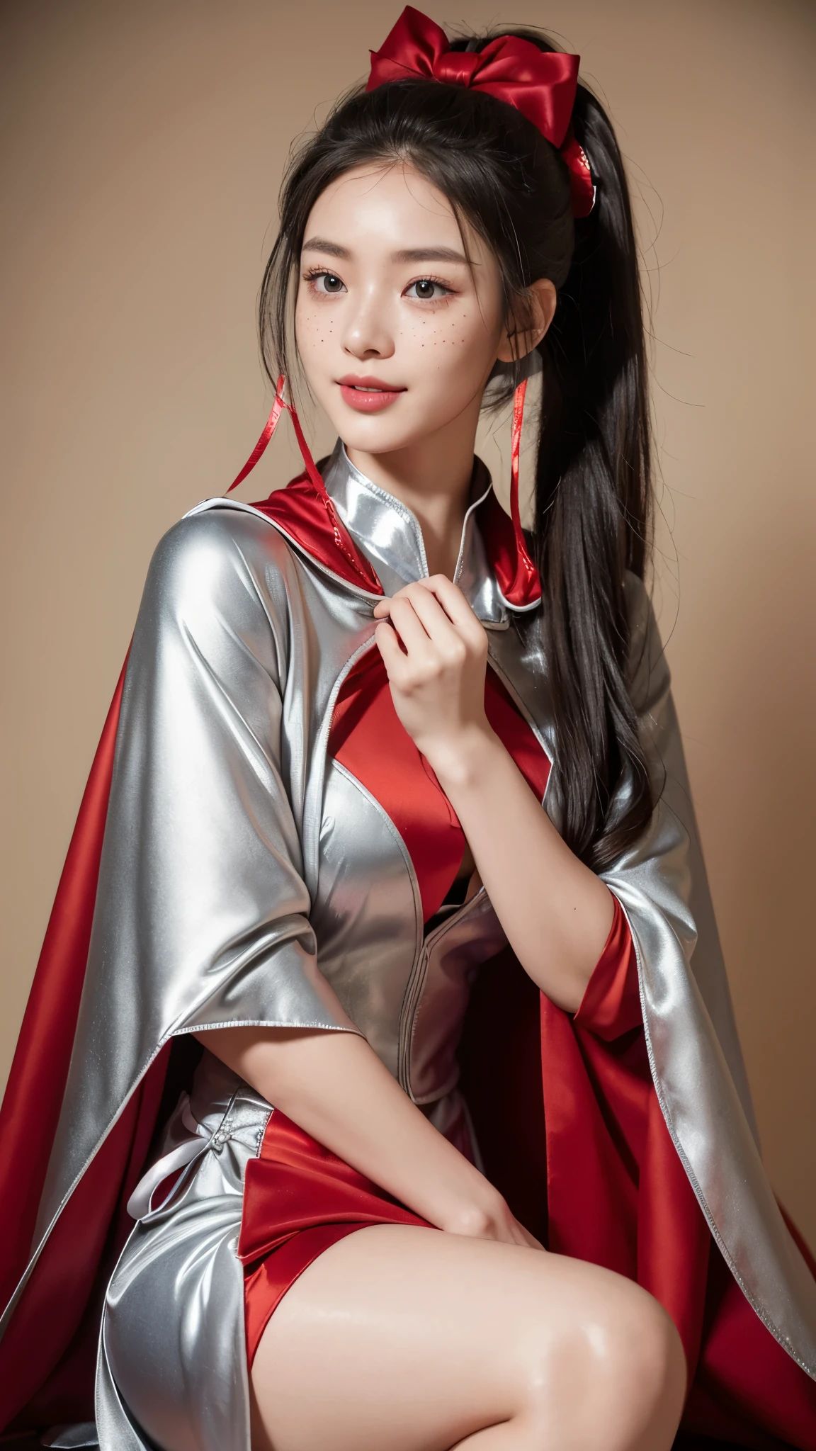 8k resolution, exquisite facial features, perfect face, superman, superhero, star symbol on the chest, cloak on the back, lines on the forehead, a female figure, a beautiful lady, shiny skin, high detail, higher quality, Bishōjo, long golden hair, tight leather clothes, (latex bodysuit), (big breakthroughs)), gym, delicate face, {{illustration}}, {extremely delicate and beautiful}, {exquisite makeup}, {{Girls in red Skin-tight garment}}, super meticulous, (black and red stripes on the clothes), delicate and luminous eyes, red leather clothes, tights, {{movie light}}, street, extreme light effect