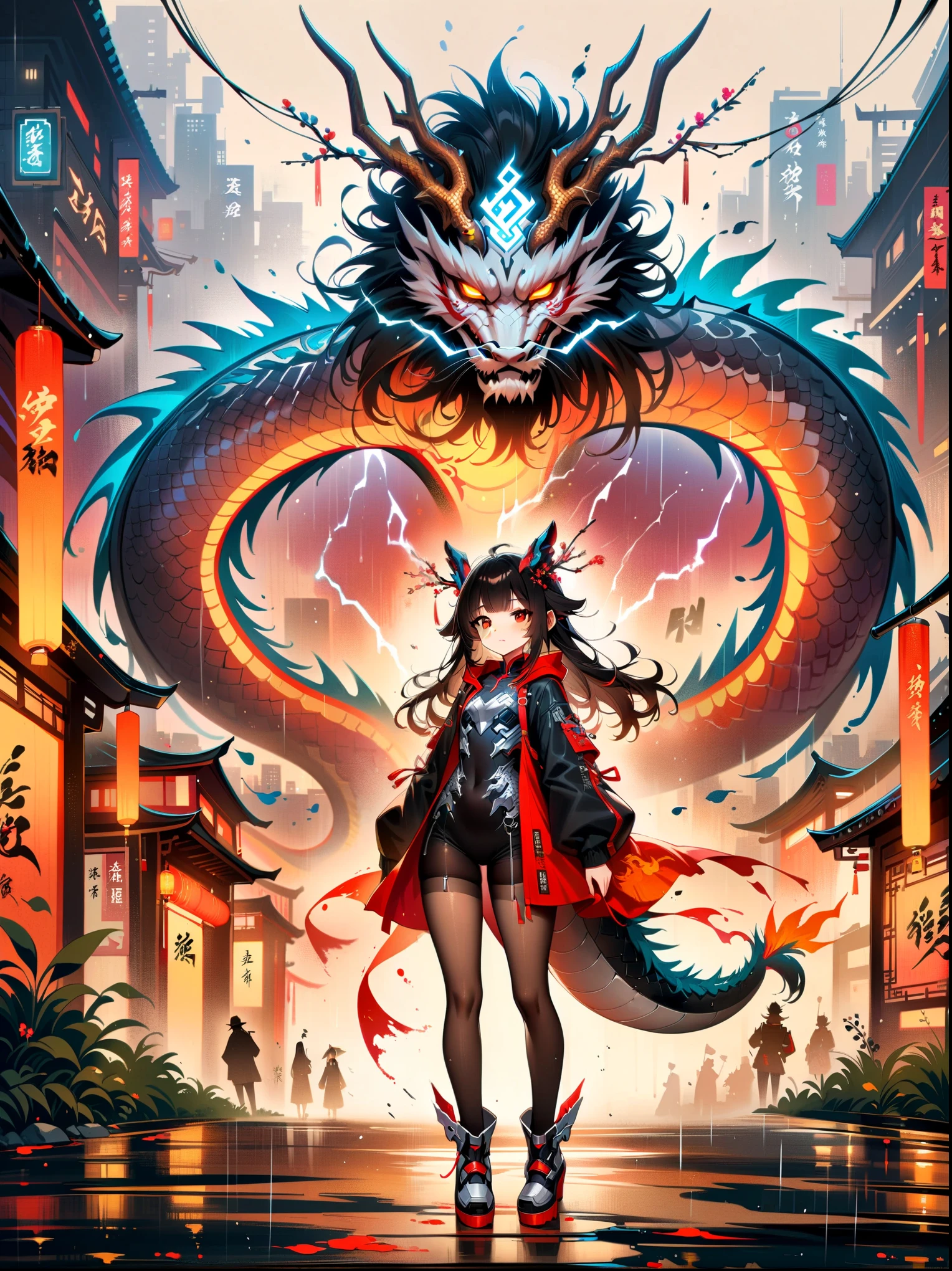 Traditional Chinese ink painting, willow branch, Wu Changshuo, ((masterpiece)), 1girl, small , Beautiful and delicate eyes, Beautiful and detailed cyberpunk city, flat chest, beautiful fine hair, wavy hair, beautiful detailed street, Mecha Clothing, robot girl, Cool action, Silver tights, (filigree), Dragon Wings, colorful background, A dragon stands behind the girl, rain, (lightning effect), Beautiful and detailed silver dragon armor, (Indifferent face), illustration, first-person view, best quality, anatomically correct, ccurate, 8k