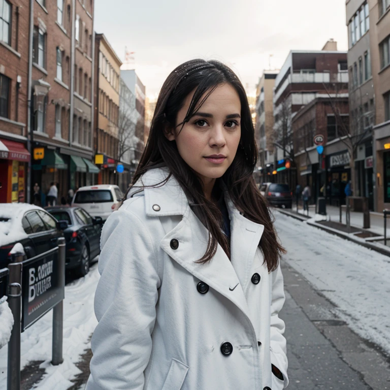 Melissa Fumero in the snow dressed in a coat