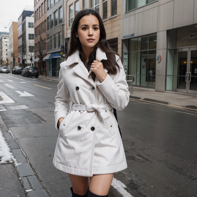 Melissa Fumero in the snow dressed in a coat