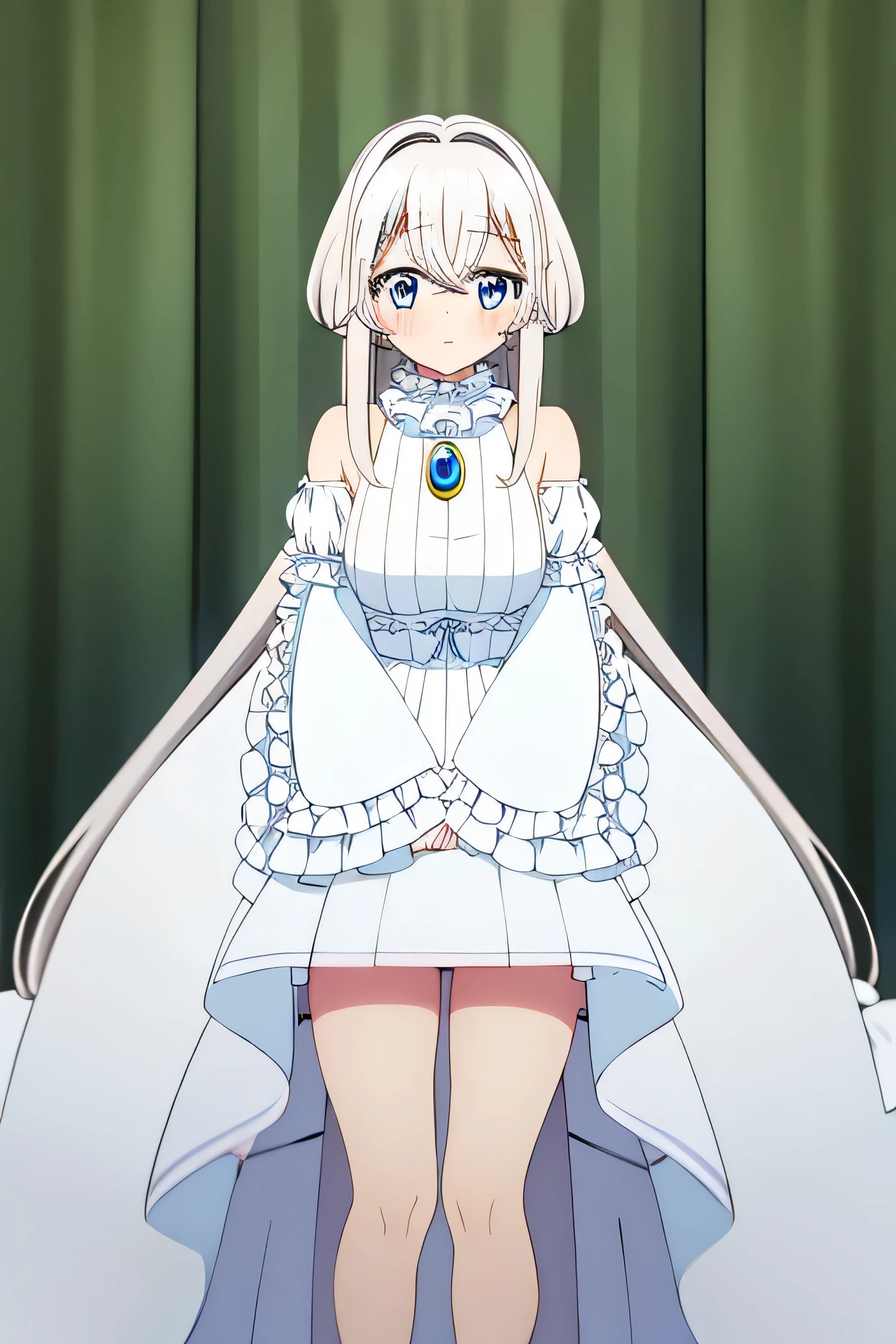 
Towa_Tenshi_FDDBB, 1girl, solo, long hair, white hair, hair between eyes, sidelocks, hair intakes, bangs, blue eyes, wihte dress, long dress, brooch, frills, bare shoulders, sleeveless, detached sleeves, sleeveless, frilled sleeves, wide sleeves, legs