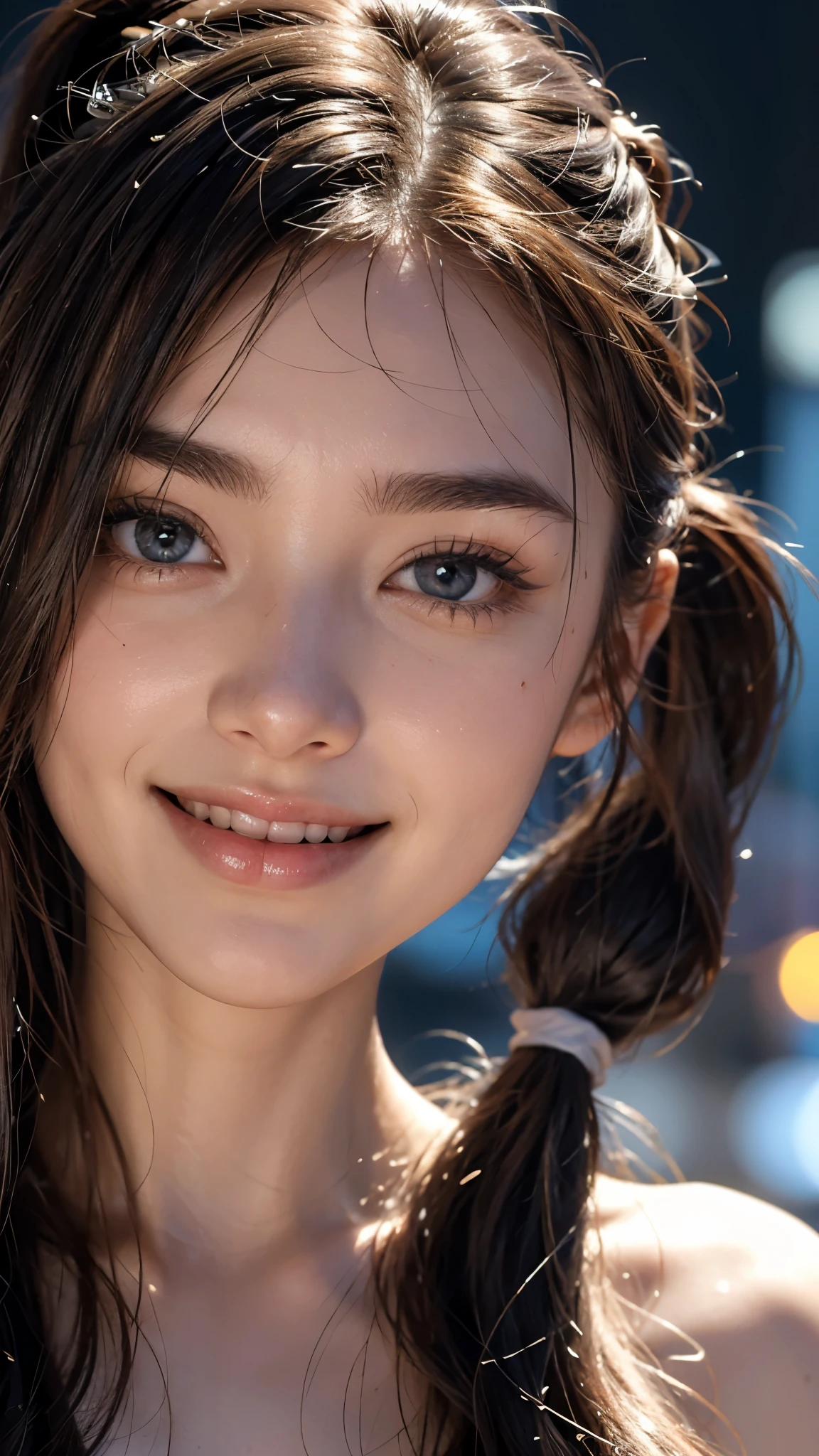 Highest quality, masterpiece, Ultra-high resolution,8k,((Toothy smiling portrait:1.4)), (Realistic:1.6), ((blue eyes)),((A radiant smile)), RAW Photos,((Realisticな美肌)),((Soft looking breasts)),((Full body photo)),1 person,2 adult women,(Full of smiles, )) ,((Ponytail and hair tie)),((Ribbon in hair)),((Looking up at the audience)),Face Focus:1.4,((Photographed from above with a fisheye lens:1.15)),