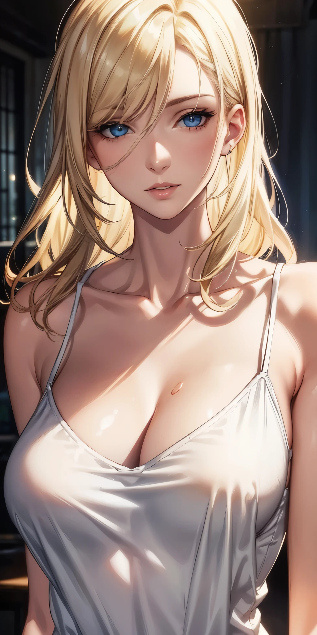 portrait, realistic, blue eyes, blonde hair, big breast, 4k resolution, high quality cg, beautiful cg, soft light, 