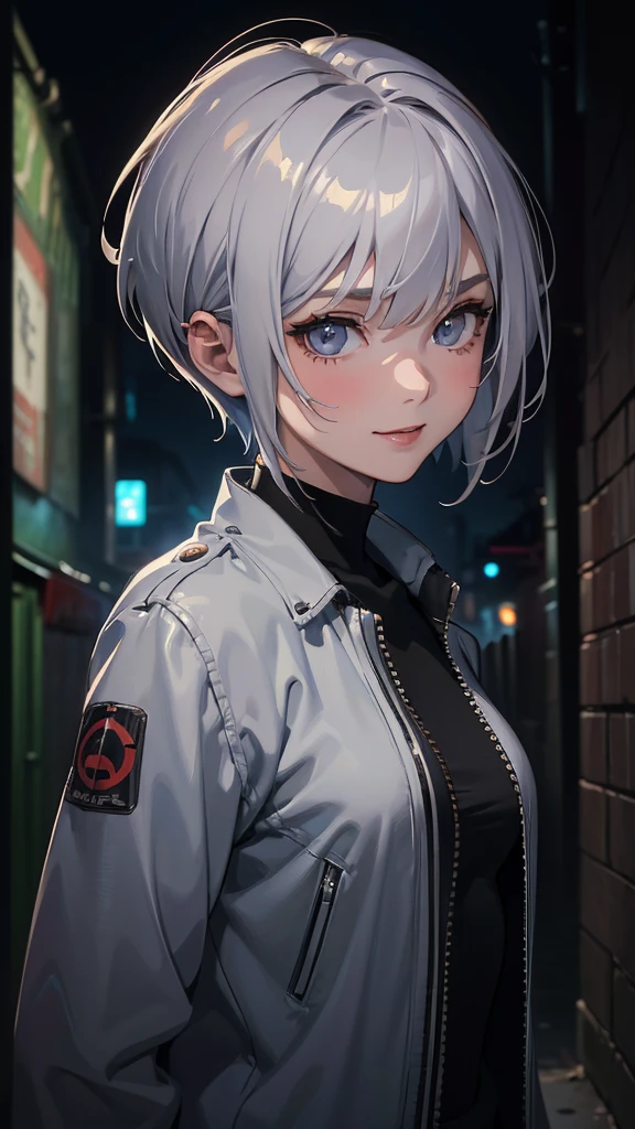 (masterpiece, High resolution, highest quality), ((20 year old woman, Composition from head to stomach, upper body focus)), smile, detailed eyes, Ethnic Geo Pattern Button Front Jacket, Asymmetrical punk short hair:1.2, ash gray hair, A deserted back alley in Paris:1.3, cinematic lighting, anime style, simple lines, digital painting