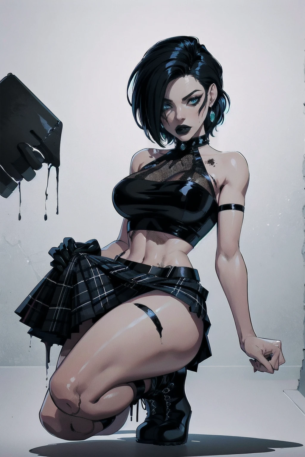 a woman with short black hair, hair on shoulders, wearing a black cropped and plaid skirt, blue eyes, zombie art, gothic art, cute aesthetic with vibe, toon aesthetic, wearing red costume, wearing gothic accessories, look like Cassie Hack, whole body, on his knees ,on his knees holding a skull in his hand, white background
