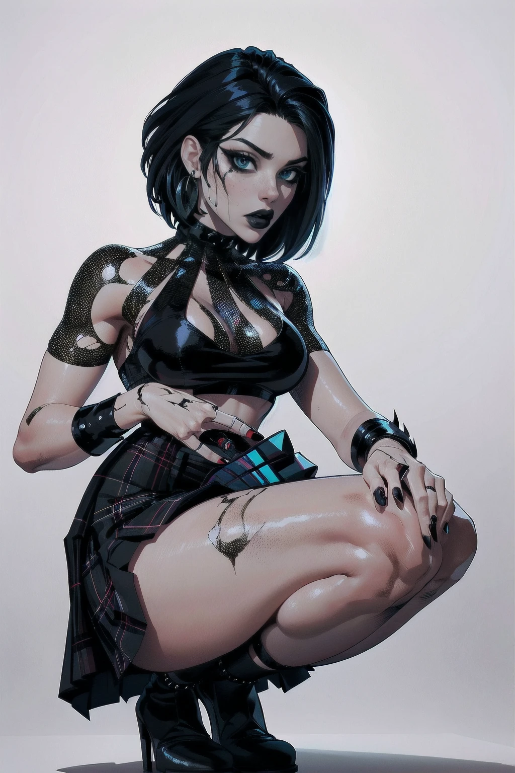 a woman with short black hair, hair on shoulders,  wearing a black cropped  and plaid skirt, blue eyes, zombie art, gothic art, cute aesthetic with vibe, toon aesthetic, wearing red costume, wearing gothic accessories, look like Cassie Hack, whole body, on his knees  ,on his knees holding a skull in his hand, white background