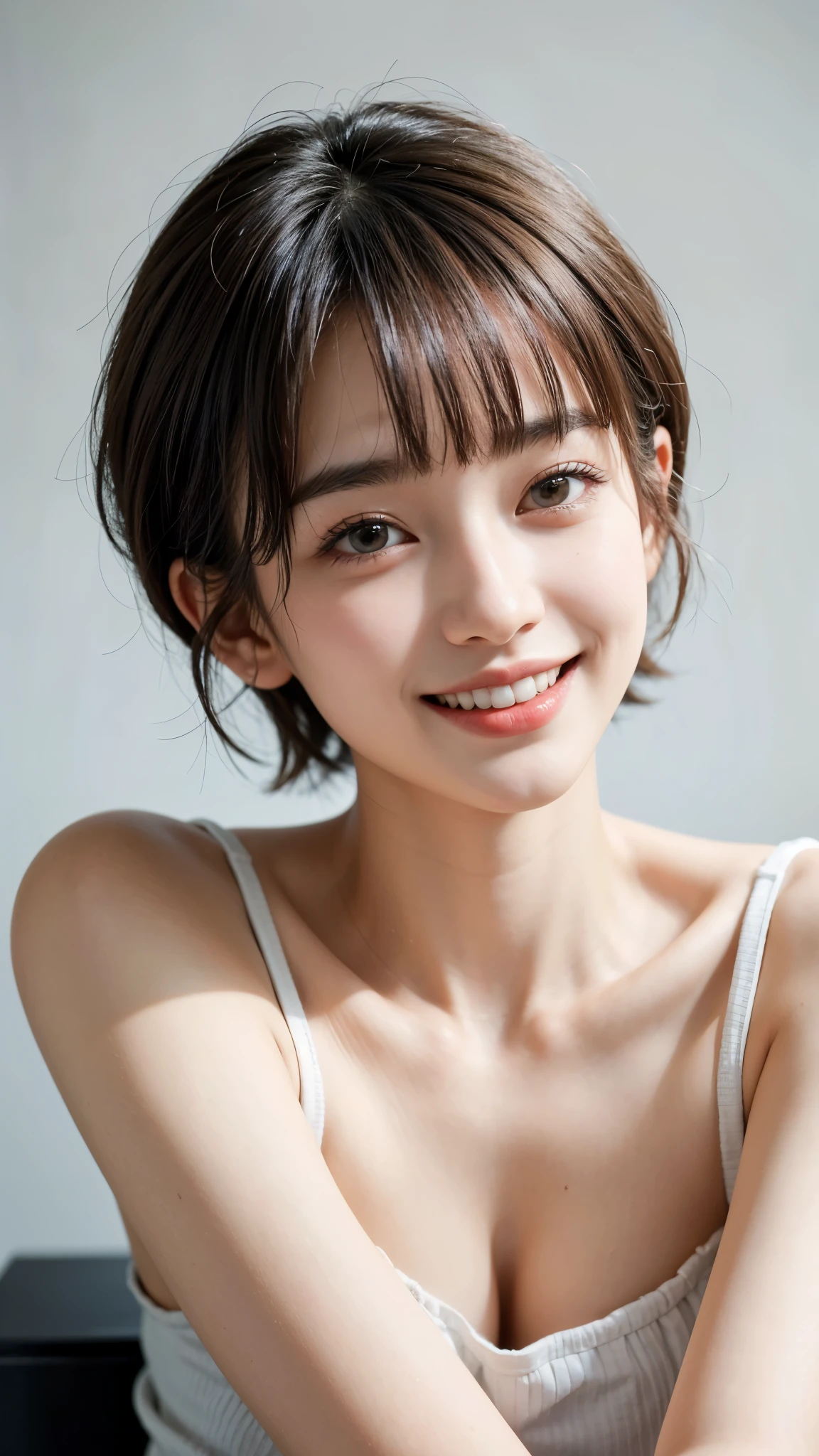 highest quality, masterpiece, ultra high resolution, (realistic:1.4), (portrait facing each other) Raw photo, 1 girl, 24-years-old,((K-POPアイドルコスチューム)),((very short hair)),((bangs, short hair, above the eyebrows)),((looking up at the viewer)),realistic,((Simple solid color background)), picture media chest)),((toothy smile)),