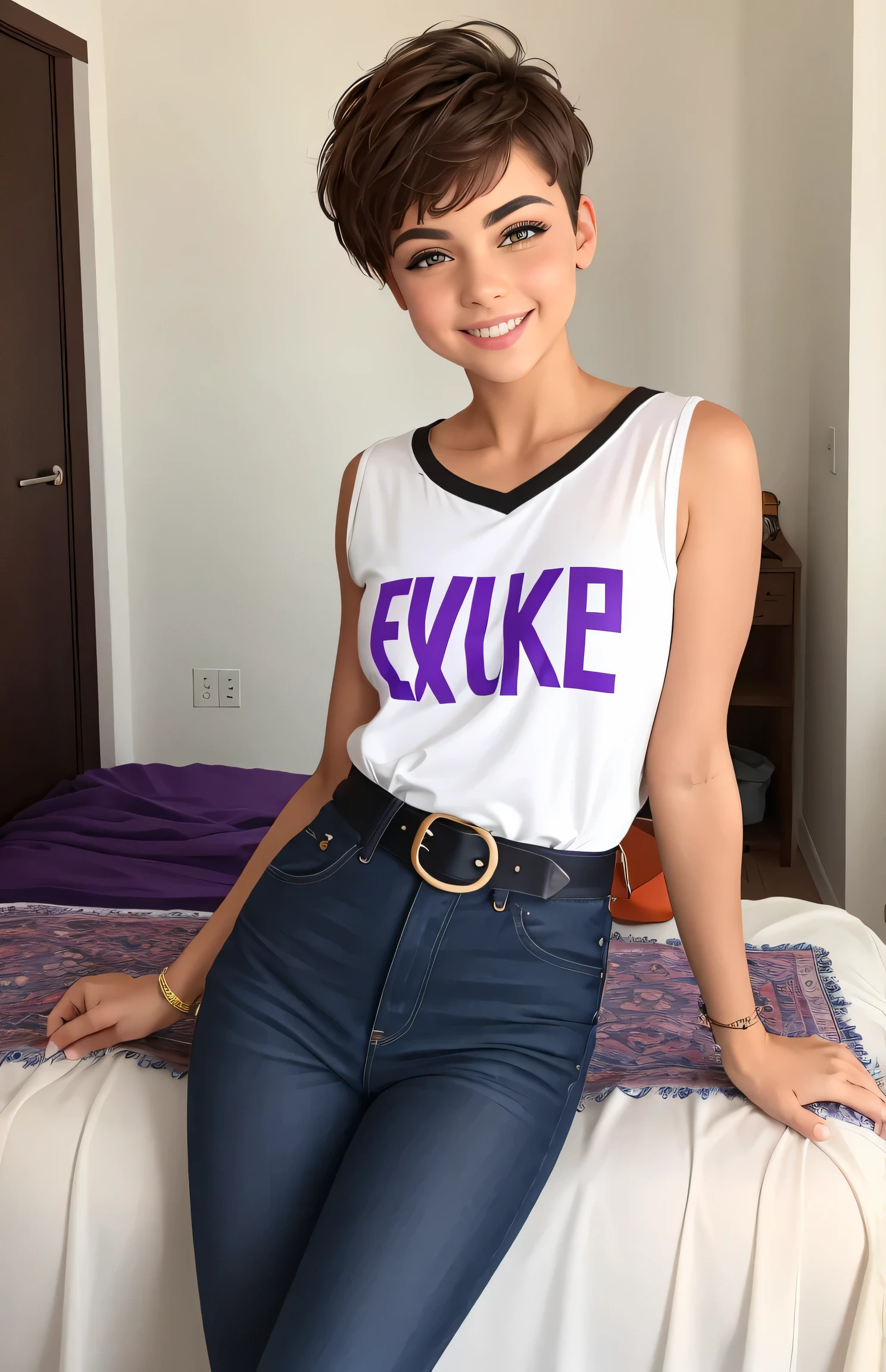 Photo of a 15-year-old European girl, .RAW, beautiful woman,pecas en mejillas y pecho ,hermosos ojos azules(Light brown hair pixie haircut),corte de cabello pixie ((retrato)), ((Cara detallada:1.2)), ((Detailed facial features)), (Piel finamente detallada), Purple sleeveless t-shirt with skull image , Loose white belt , falda color lila con imagen de cuadros , falda color lila con patrones de cuadros , Long boots with heels ,lindo maquillaje, Purple eyeshadows on eyelids ,Un sexy(cool color), (Masutepiece) (proporciones perfectas)(fotos realistas)(La mejor calidad), NffSW, (8k) (papel tapiz) (cinematic lighting) (Dramatic lighting) (sharp focus) (Enrevesado) , dentro de casa , tocando guitarra electrica morada , linda sonrisa, cuerpo completo, hermoso cuerpo de mujer , bailando feliz, gargantilla negra , aretes de clip , sexy