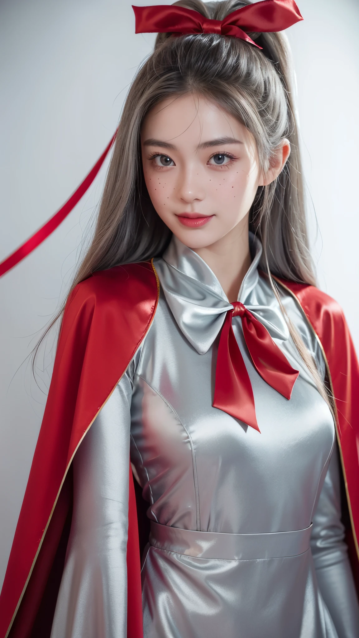 (Raw photo) , Detailed features , perfect face , perfect eyes , detailed eyes , (beautiful:1.50) , beautiful chinese girl in her 20s with long hair  in a ponytail , smiling , (((long voluminous high collar silver satin and red lined cape tied at the neck with a ribbon:1.10))) , minidress , full body, slight skin blemishes, sly smile, high-quality ultra realistic style, warm tones, soft lighting, detailed eyes, subtle freckles, professional, expressive , 8K , highly detailed