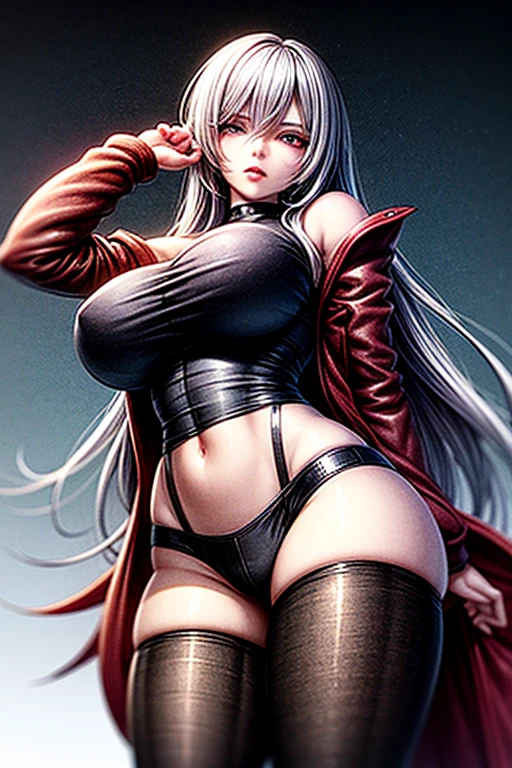 Anime Style. A beautiful mature woman with a serious and imposing face. With long white hair with hints of dark gray with several long strands that pass through the forehead and shoulders, with eyes with the sclerotic and the black iris and the pupil of bright blue color, with a totally white skin. From an excessively trained body, which has a high level of musculature without losing its feminine beauty, with exaggeratedly large breasts and a very large and firm butt, sharp and marked waist, she has her lips of a pale pink color and also has multiple scars cut, one in her left eye from the forehead to the chin, another scar on the top of her breasts up to both shoulders, another on her abdomen to her crotch and a last on her leg to her knee. But he has 2 more scars, but you have bites on his biceps. He wears a black leather trench coat with some metal accessories, under the trench coat he wears a short-sleeved shirt with black fabric buttons, with the edges of the dark red sleeves, he also has wide-leg leather pants with a loose black metal zipper, he would have black military boots with metal pieces, he also has a very dark red fabric belt tied at the waist and a necklace that has a black metal heart. In the background seeing a snowy forest.