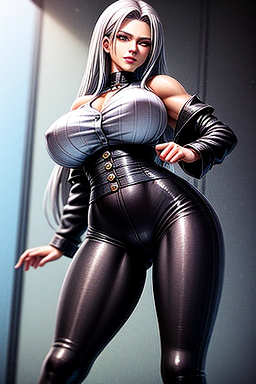 Anime Style. A beautiful mature woman with a serious and imposing face. With long white hair with hints of dark gray with several long strands that pass through the forehead and shoulders, with eyes with the sclerotic and the black iris and the pupil of bright blue color, with a totally white skin. From an excessively trained body, which has a high level of musculature without losing its feminine beauty, with exaggeratedly large breasts and a very large and firm butt, sharp and marked waist, she has her lips of a pale pink color and also has multiple scars cut, one in her left eye from the forehead to the chin, another scar on the top of her breasts up to both shoulders, another on her abdomen to her crotch and a last on her leg to her knee. But he has 2 more scars, but you have bites on his biceps. He wears a black leather trench coat with some metal accessories, under the trench coat he wears a short-sleeved shirt with black fabric buttons, with the edges of the dark red sleeves, he also has wide-leg leather pants with a loose black metal zipper, he would have black military boots with metal pieces, he also has a very dark red fabric belt tied at the waist and a necklace that has a black metal heart. In the background seeing a snowy forest.