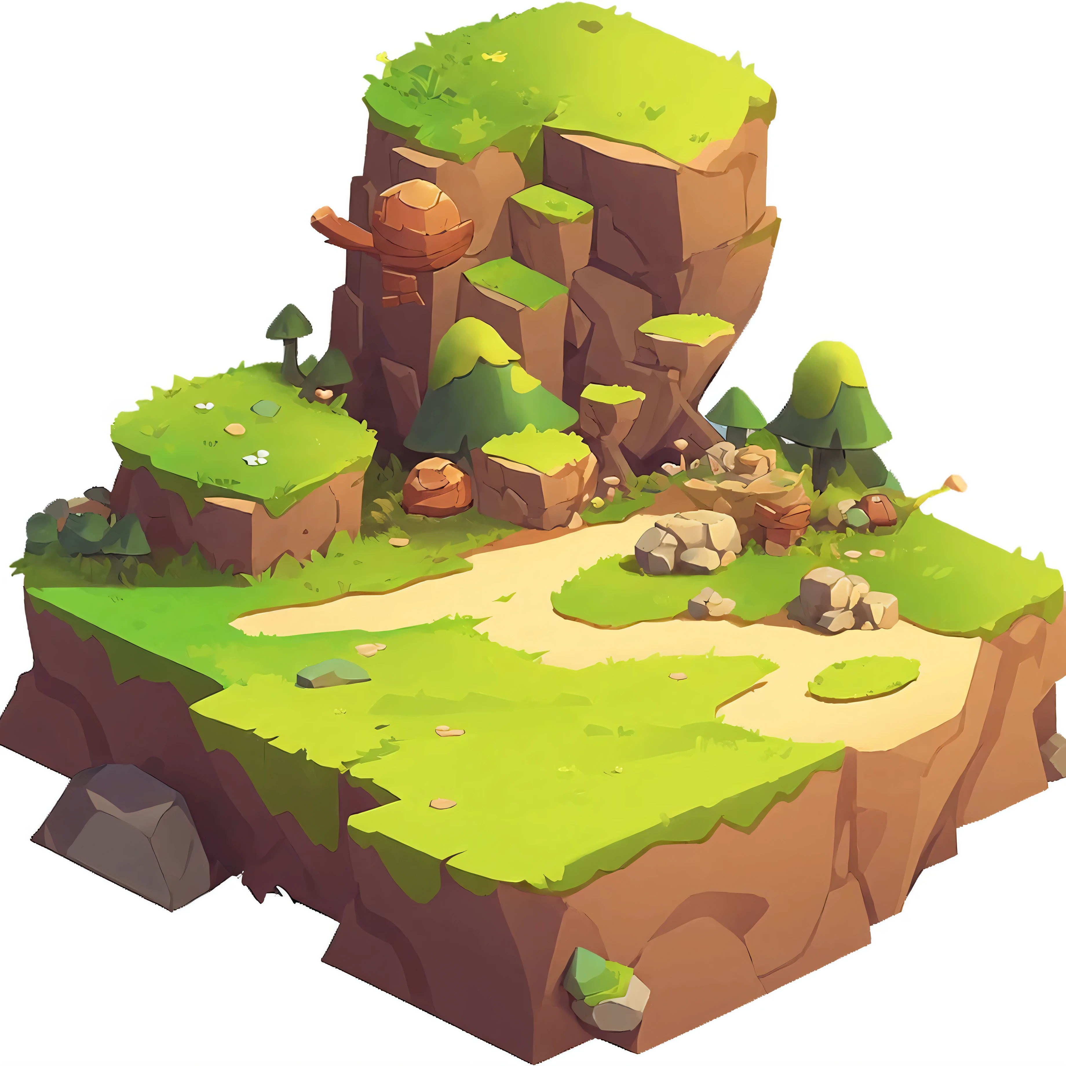 Cartoon low polygonal landscape with rocks, trees, and a path, Isometric game art, isometric game assets, Isometric 2D Game Art, An equidistant island in the sky, stylized game art, RPG landscape, Isometric view. Games Role Playing Games, videogame assets, 3D rendering stylization, game assets, Isometric environment,Q version,2.5d