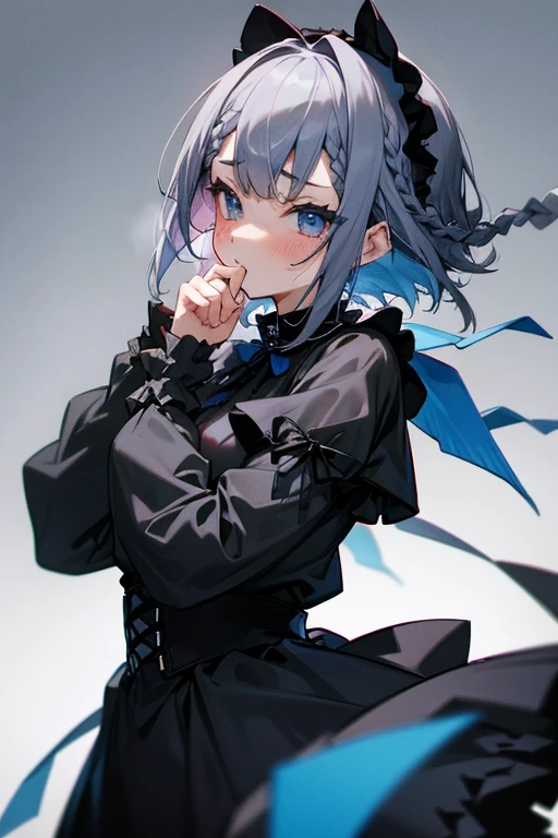 short gray hair, blush, Gothic ****ta、punk fashion、Headbang 2.、Blue and black clothes、Braid、