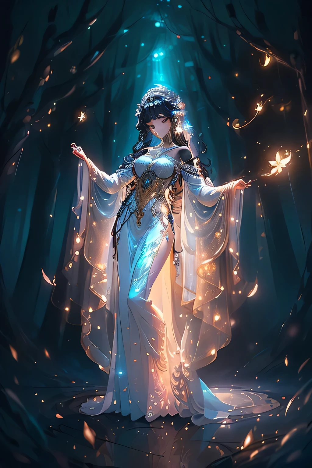 (Masterpiece despite its limitations, a full body illustration in manga style, radiates ethereal beauty. Soft lights drape the scene, bathing a woman with soft curly black hair and kind, brown eyes in a magical glow. Surrounded by a mystical forest, she greets the viewer with a comforting smile. Dressed in a greek goddess gown, the woman is adorned with delicate, glittering accessories. Unseen elements uphold the magical ambiance, such as light particles dancing around her and gentle fireflies illuminating the scene. The contrast between the dark forest and her white dress adds an enchanting allure. Delicate details are paid to every feature