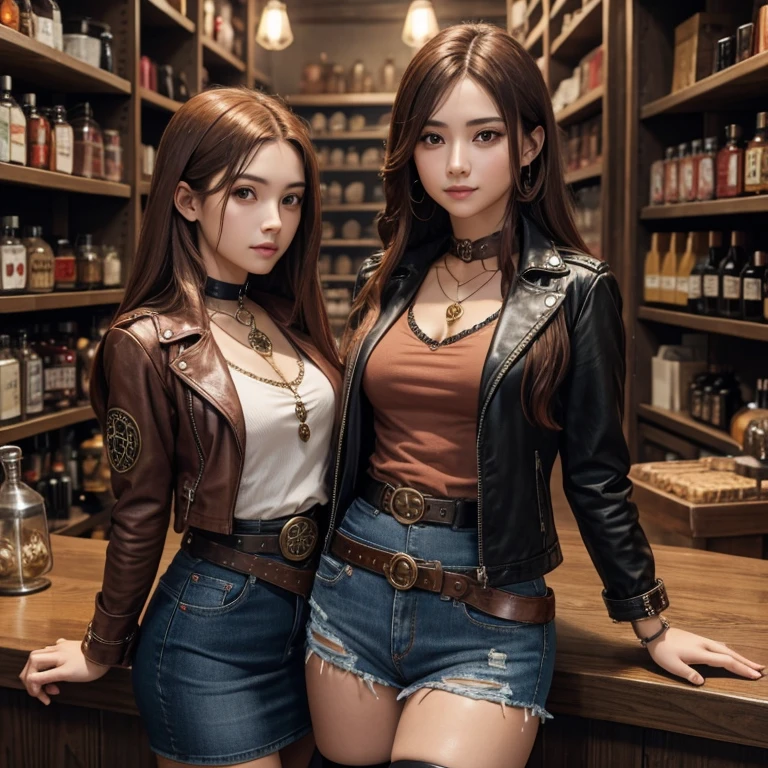 20 year old girl long straight copper hair brown eyes red Steampunk denim jacket black and white striped shirt short denim skirt with black stockings black belt with pentagram buckle pink bracelets red rune medallion looking straight at viewer in a potion shop background 