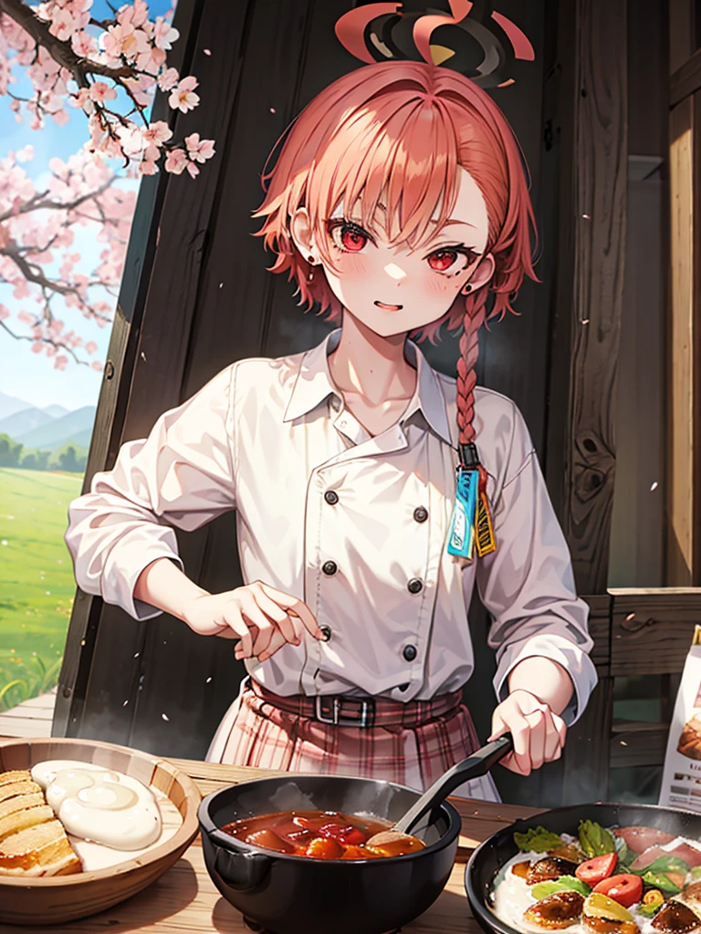 campしている***、two tone hairstyle、(Bruaka)flannel、mole、red eyes、ear piercing、ingredients、cooking、spring、camp、Cherry Blossom、nature、camp飯、sunny、frying pan、toast、wood