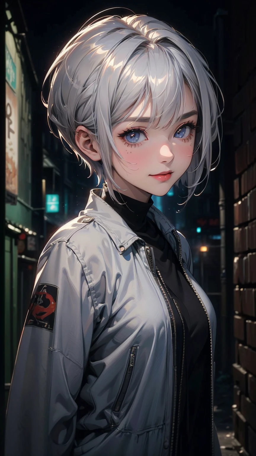 (masterpiece, High resolution, highest quality), ((20 year old woman, Composition from head to stomach, upper body focus)), smile, detailed eyes, Ethnic Geo Pattern Button Front Jacket, Asymmetrical punk short hair:1.2, ash gray hair, A deserted back alley in Paris:1.3, cinematic lighting, anime style, simple lines, digital painting