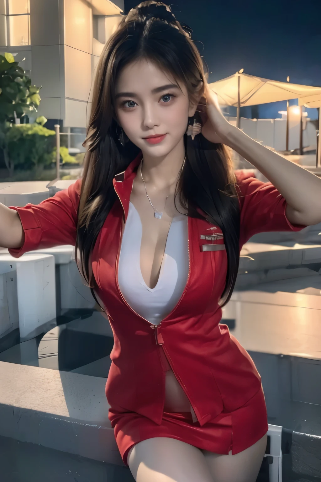 (masterpiece:1.2, highest quality:1.2), 32K HDR, High resolution, (alone, 1 girl), (Ultra-realistic portrait of an AirAsia stewardess in uniform), neat woman, beautiful face, dark brown hair, (long hair down to waist), (red jacket:1.1, Unzipped jacket, unbuttoned white shirt:1.05, red mini skirt:1.1, pantyhose), perfect slim body:1.1, big breasts, huge cleavage, (show cleavage), detailed skin texture, fine eyes, (fascinating look:1.2), forward leaning posture:1.5、necklace、earrings、(white simple background, bright lighting),blue eyes、show your ears、Don't cover your ears with hair、long shot