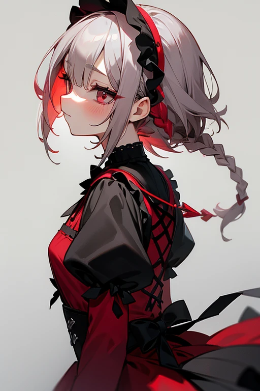 short gray hair, blush, Gothic Lolita、punk fashion、Headbang 2.、Red clothes、Braid、