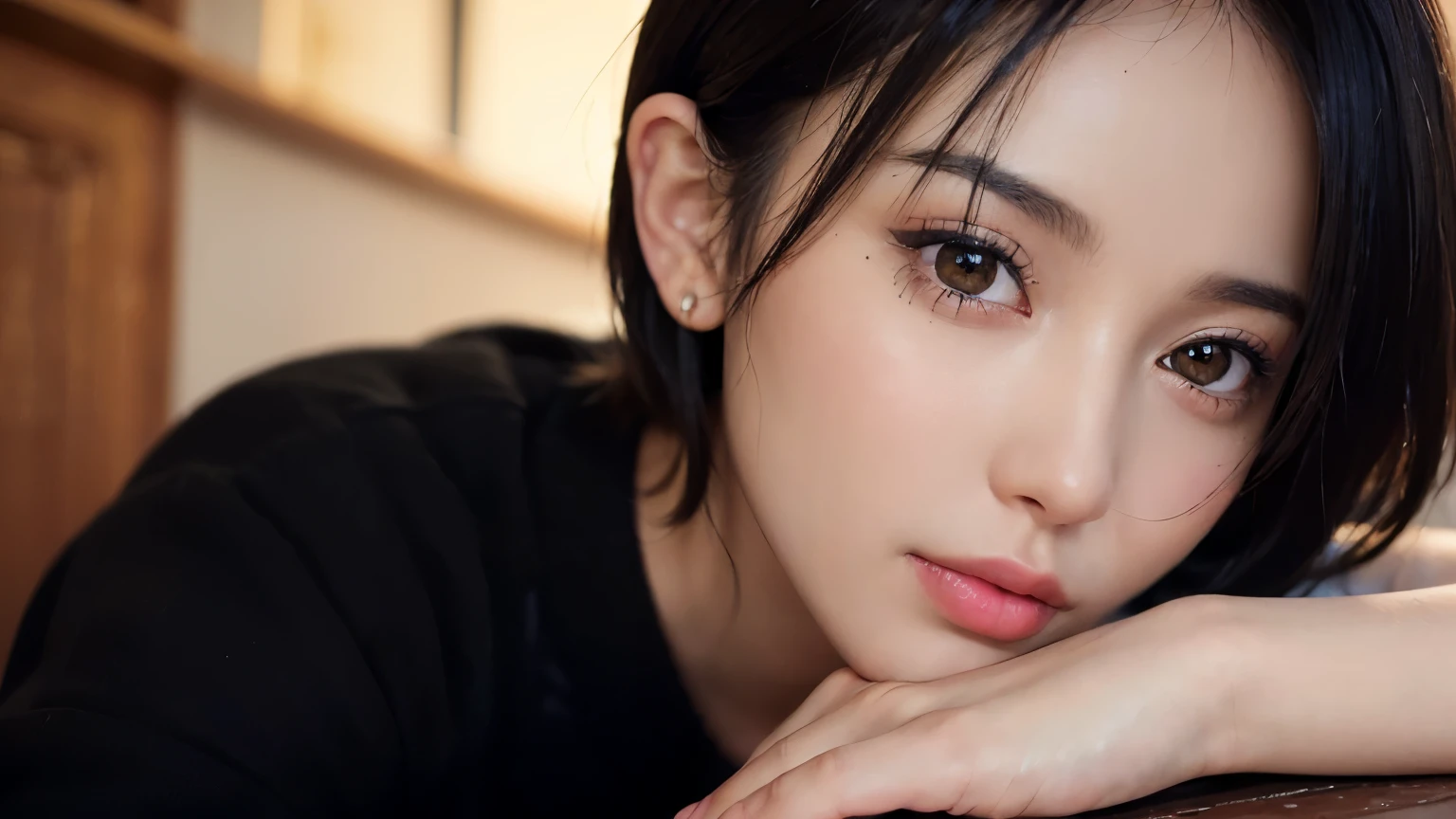 (masterpiece:1.3), (8K, realistic, Raw photo, highest quality: 1.4), (1 girl), beautiful face, (realistic face), (black hair, short hair:1.3), beautiful hairstyle, realistic eyes, detailed and beautiful eyes, (realistic skin), beautiful skin, (sweater), disorganized, Charm, ultra high resolution, surreal, very detailed, golden ratio